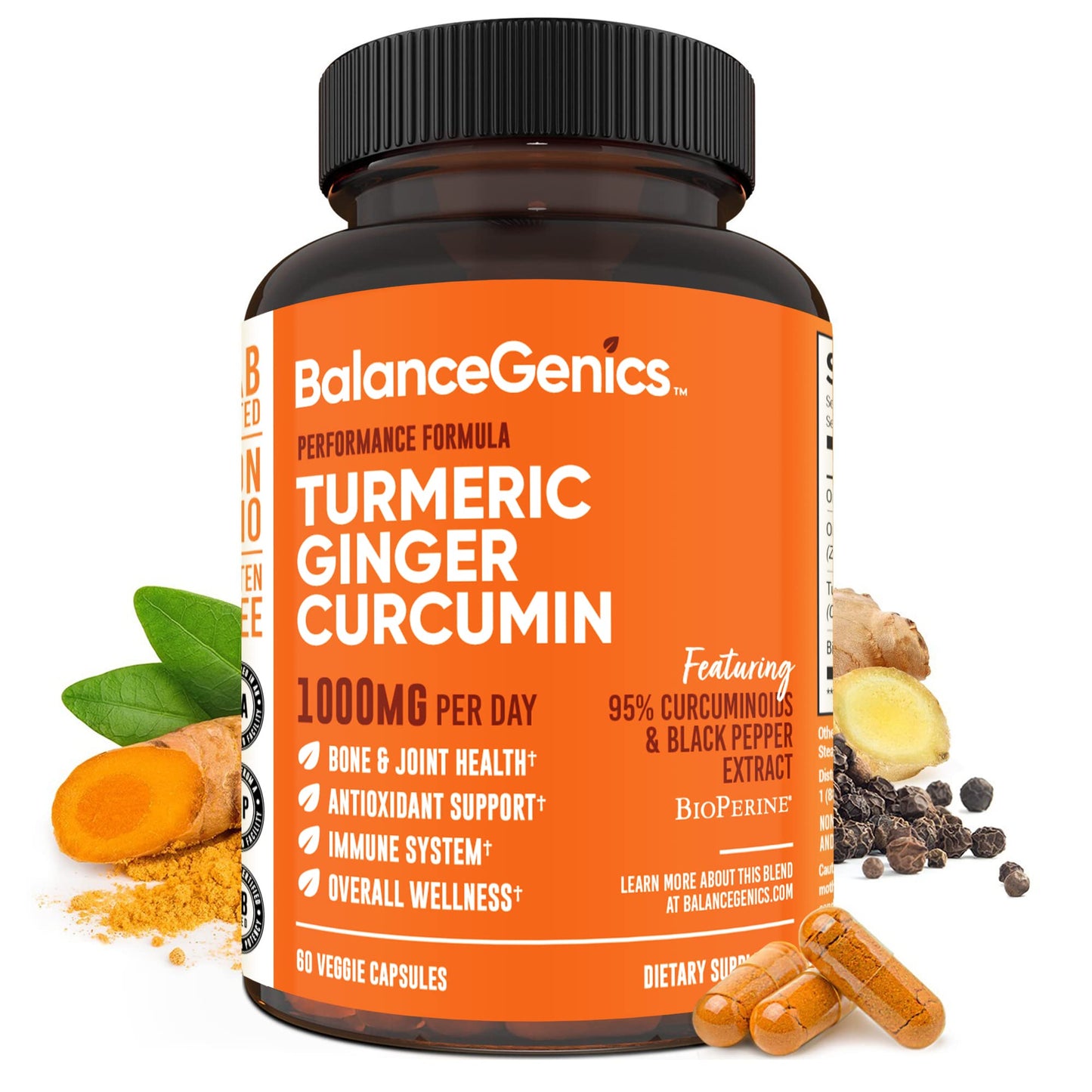 BalanceGenics Turmeric Curcumin Supplement with Black Pepper & Ginger Root 1000mg Capsules 60 Count