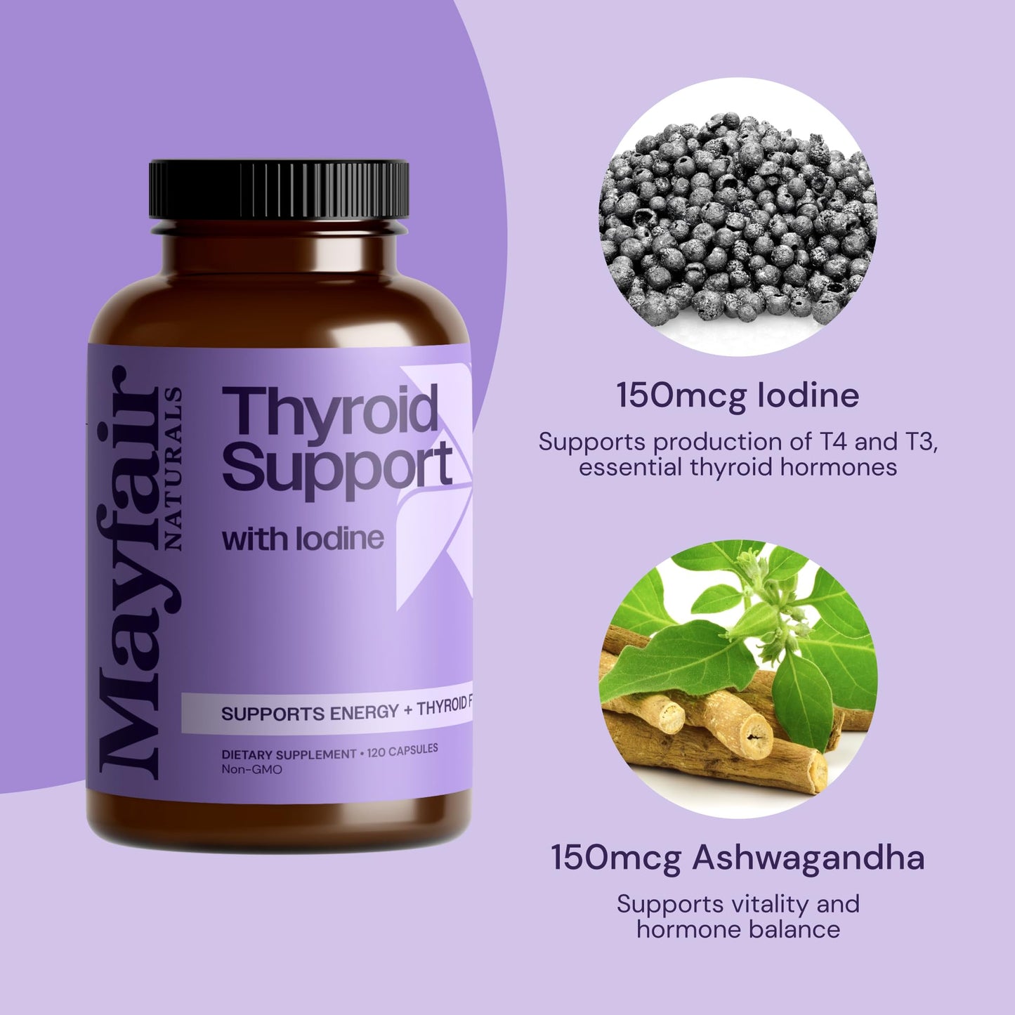 Mayfair Naturals Thyroid Support with Iodine, 120-Count Capsules