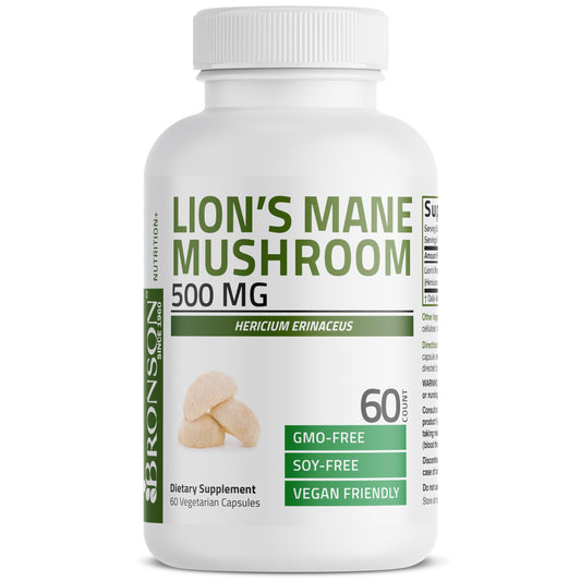 Bronson Lion's Mane Mushroom 500mg Hericium Erinaceus Non-GMO Capsules, 60 Count