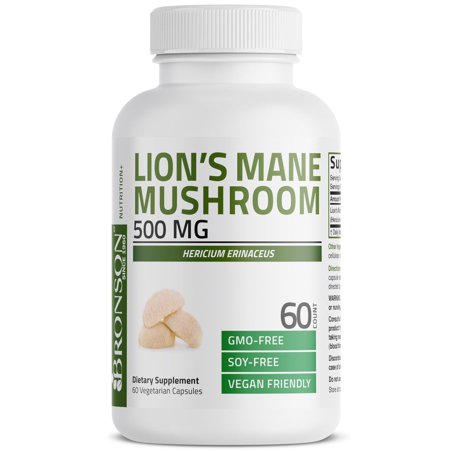 Bronson Lion's Mane Mushroom 500mg Hericium Erinaceus Non-GMO, 60 Capsules