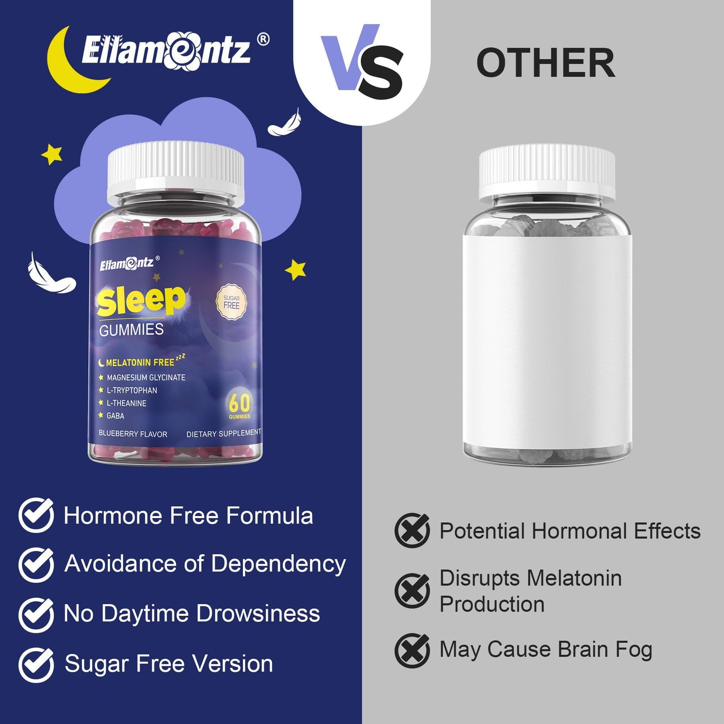 ELLAMENTZ Sleep Gummies No Melatonin with Magnesium Glycinate, L-Tryptophan, L-Theanine, GABA, Ashwagandha & Valerian, Sugar Free, 120 Gummies