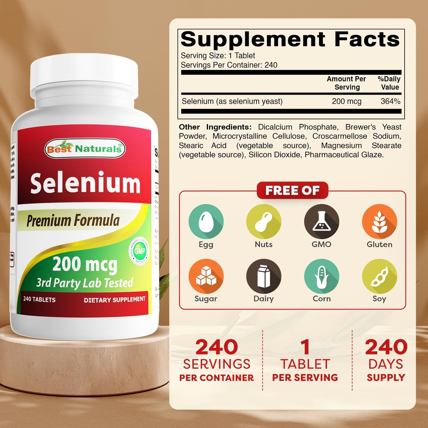 Best Naturals Selenium 200 mcg Tablets, 240 Count