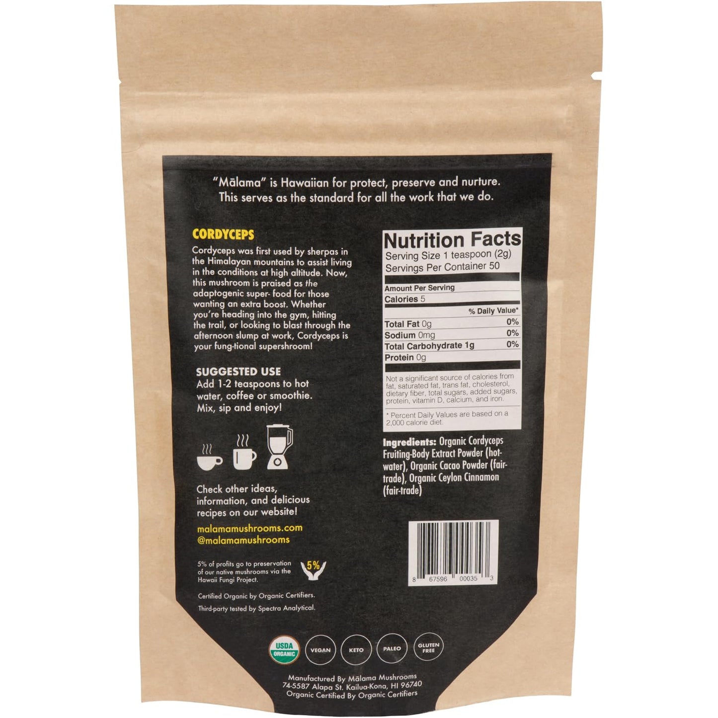 Malama Mushrooms Organic Mushroom Hot Cacao Mix with Cordyceps Mushroom Powder, Powder, 3.5 oz