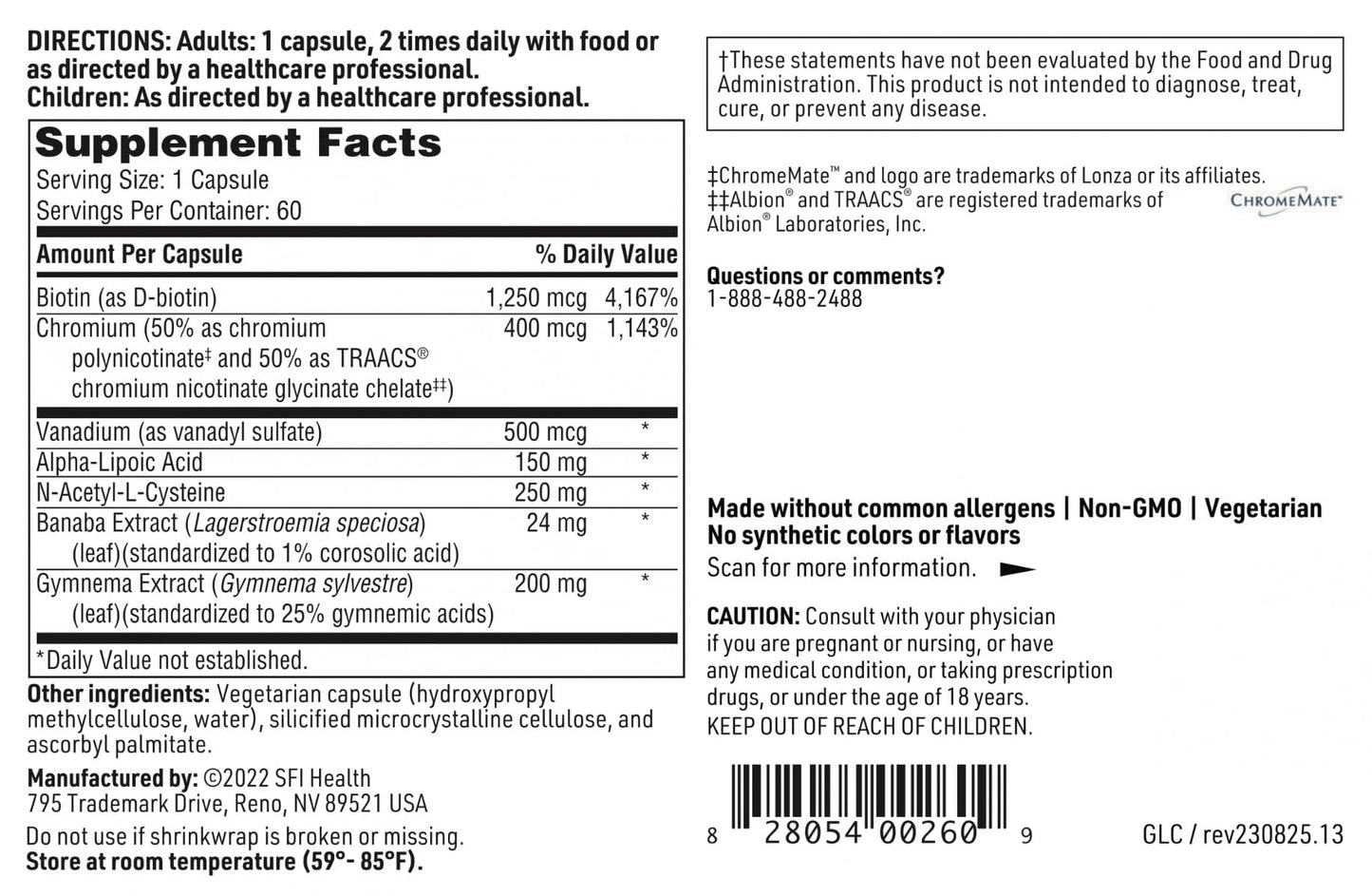 SFI Health GlucoThera - Hypoallergenic Chromium Complex with Alpha-Lipoic Acid, Banaba Extract & Vanadium, 60 Capsules