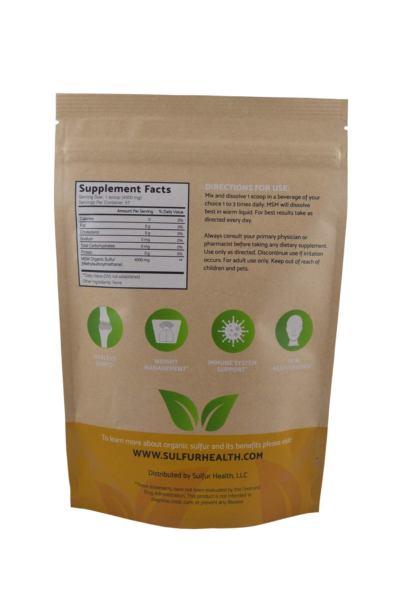 Sulfur Health MSM Organic Sulfur 99.9% Pure MSM Supplement Powder 1 Pound