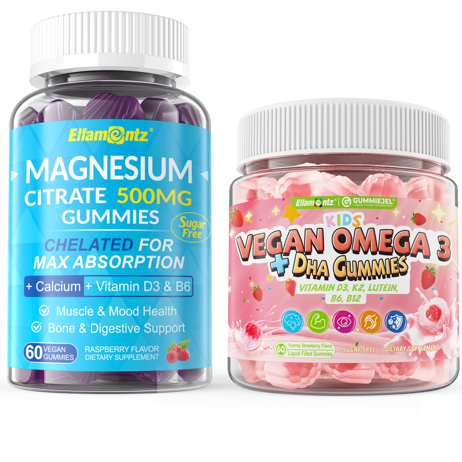 ELLAMENTZ Omega 3 Gummies for Kids & Magnesium Citrate Gummies, 180 Gummies