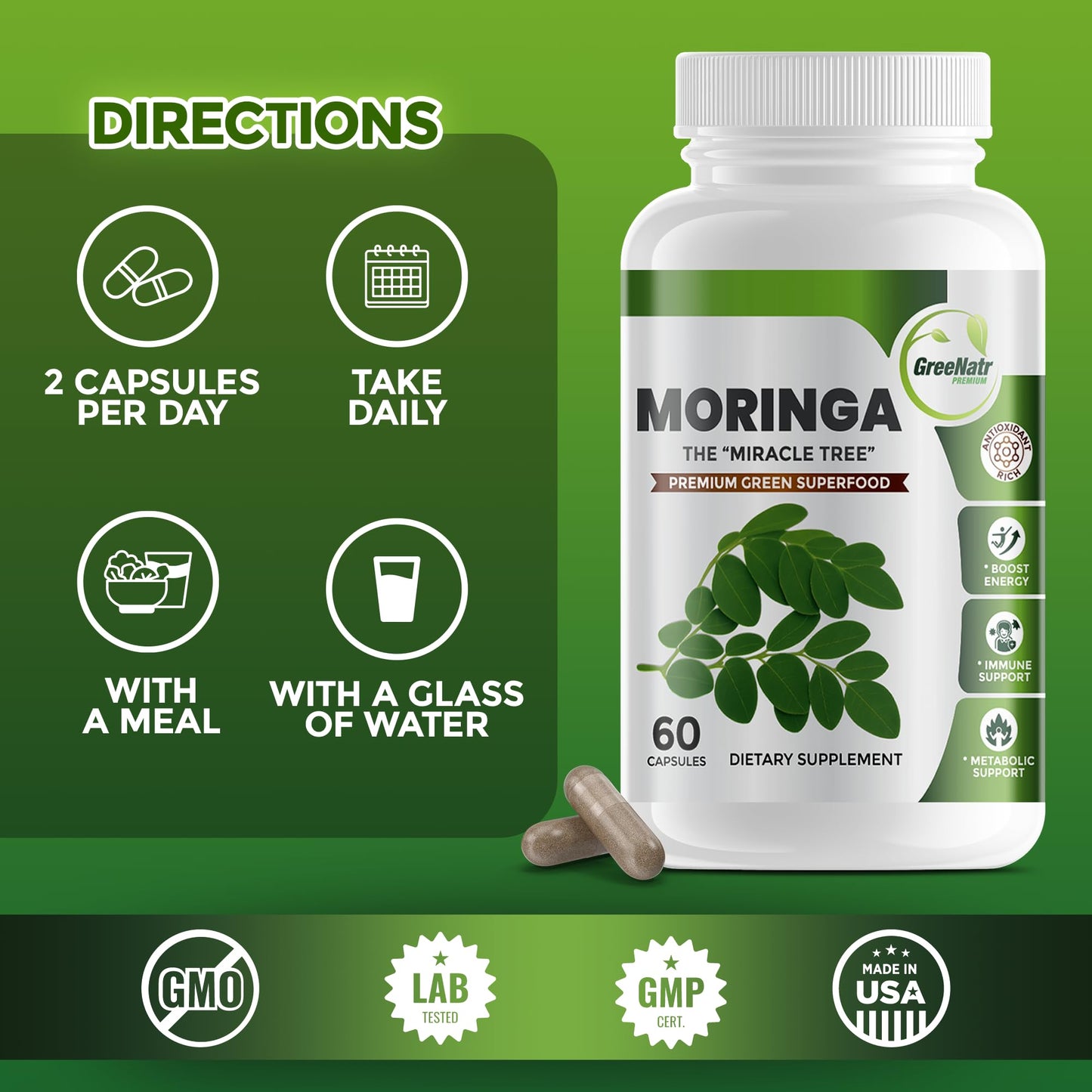 GreeNatr Pure Moringa Oleifera Leaf Extract Capsules 180 Capsules