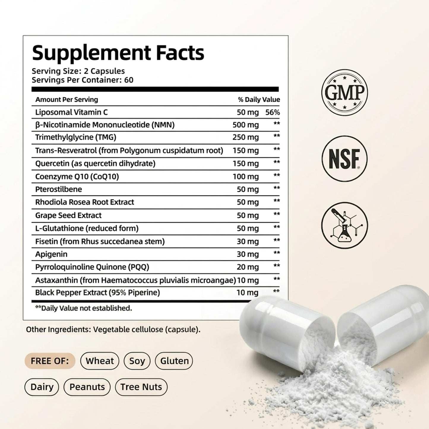HiPlus NMN Supplement 1500mg per Serving 15-in-1 Complex Formula with Nicotinamide Mononucleotide, CoQ10, Quercetin, TMG, Resveratrol Supports Cellular Energy & NAD+ Balance 120 Capsules