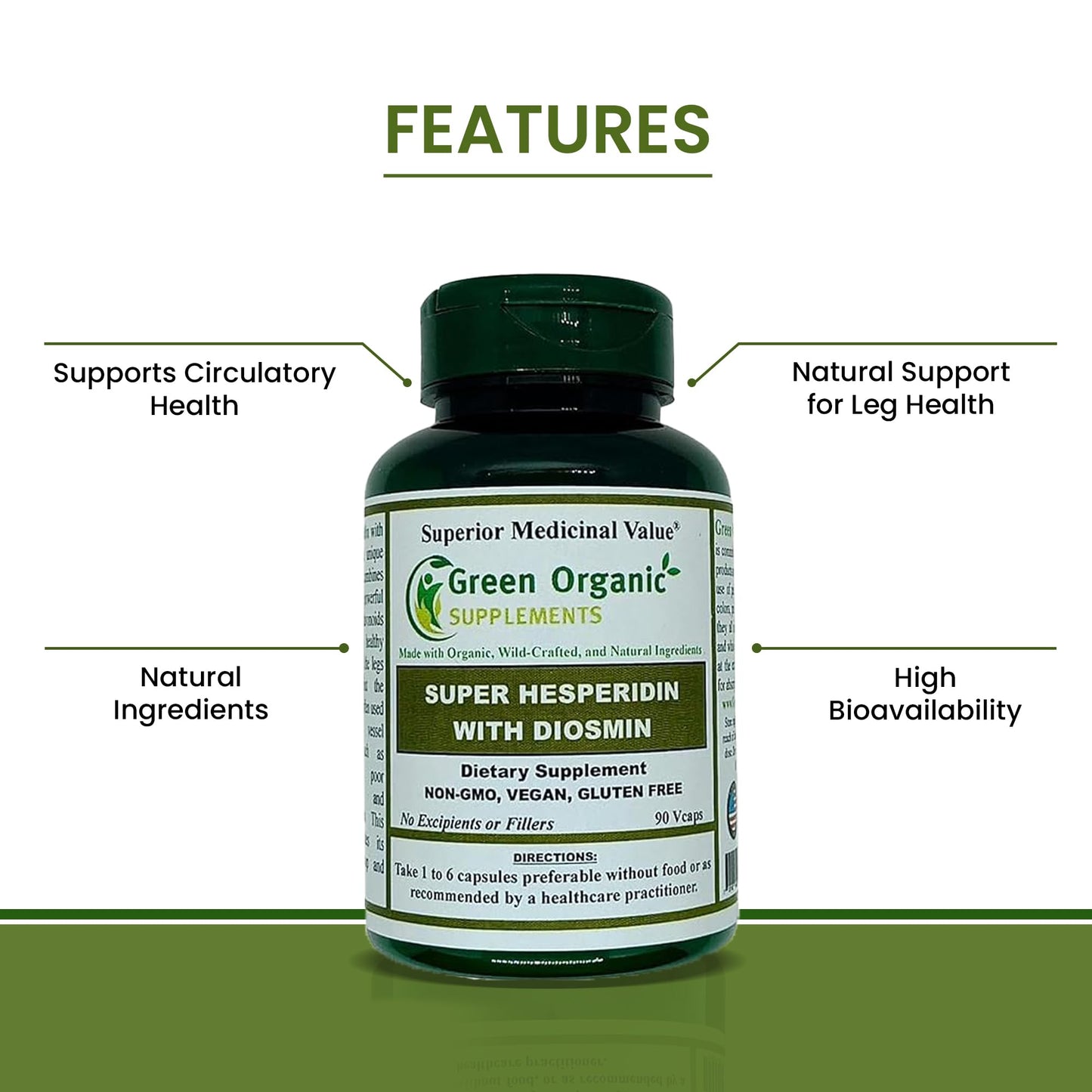 Green Organic Supplements Super Hesperidin with Diosmin, Narangin Capsules 90 Count