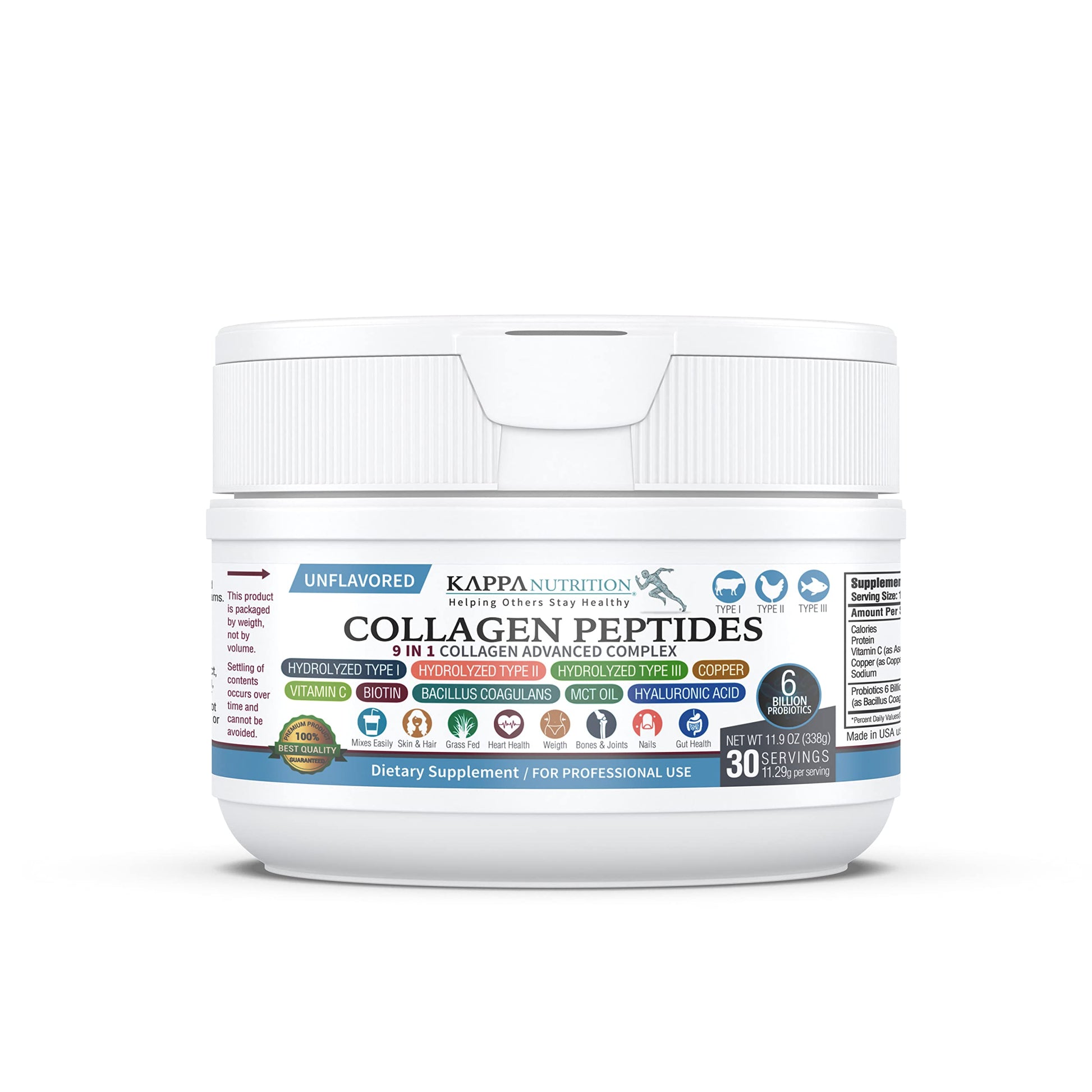 KAPPA NUTRITION Collagen Type I, II, III 9 in 1 Powder with 6 Billion Probiotics, Hyaluronic Acid, Vitamin C, Biotin, Copper & MCT Oil for Beautiful Hair, Nails & Skin, 1 Pack