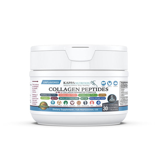 KAPPA NUTRITION Collagen Type I, II, III 9 in 1 Powder with 6 Billion Probiotics, Hyaluronic Acid, Vitamin C, Biotin, Copper & MCT Oil for Beautiful Hair, Nails & Skin, 1 Pack