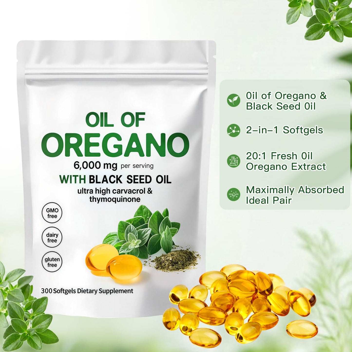 EOQIFJM Oil of Oregano with Black Seed Oil Capsules, 300 Capsules
