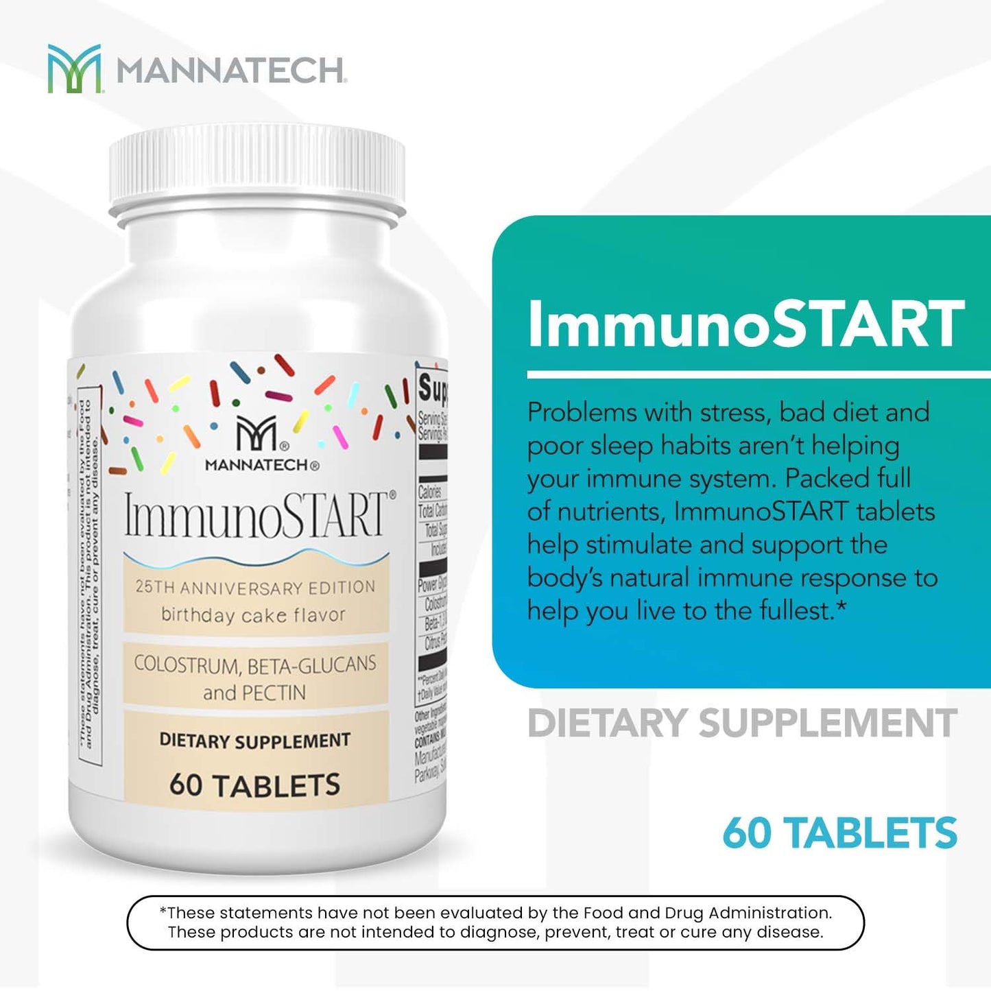 Mannatech ImmunoSTART Birthday Cake Flavor Colostrum, Beta-1,3 Glucans, Citrus Pectin, 25th Anniversary, Contains Milk, 60 Tablets