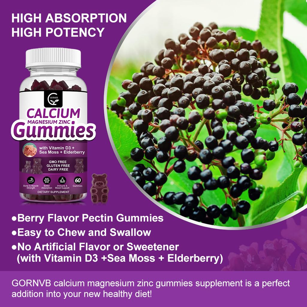 GORNVB Calcium Magnesium Zinc Gummies with High Absorption Magnesium Glycinate 300mg, Potassium - Plant Complex Calcium Magnesium 2:1 Ratio, with D3 Sea Moss for Bone, Immune & Sleep Support, Vegan-2 Pack, 120 Gummies