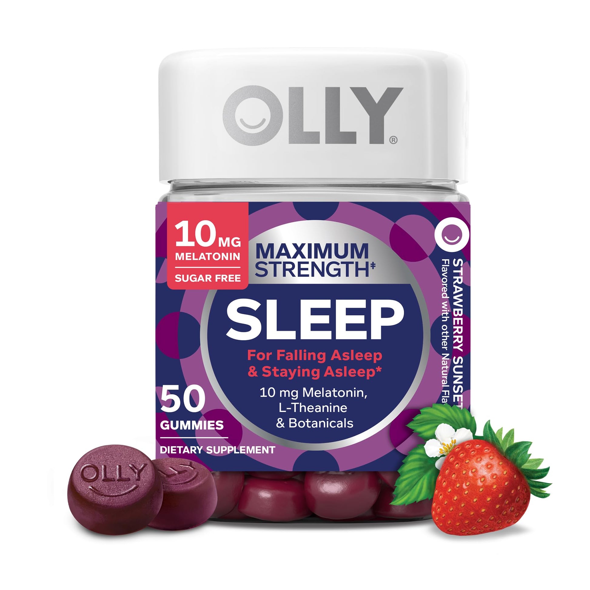 OLLY Max Strength Sleep Gummy, 10mg Melatonin, Strawberry, 50 Count