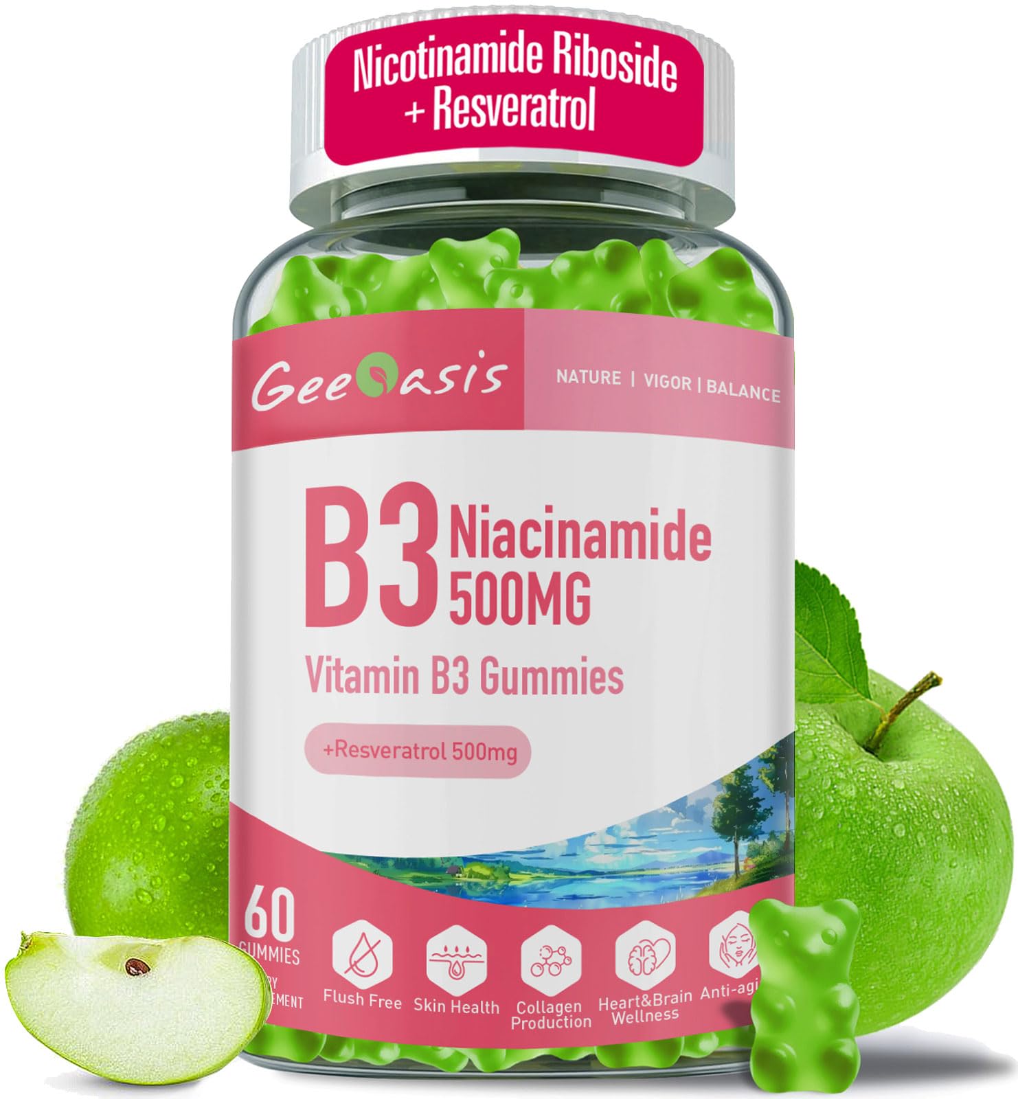 Geeoasis Niacinamide 500mg Gummies with Resveratrol 500mg, 60 Count