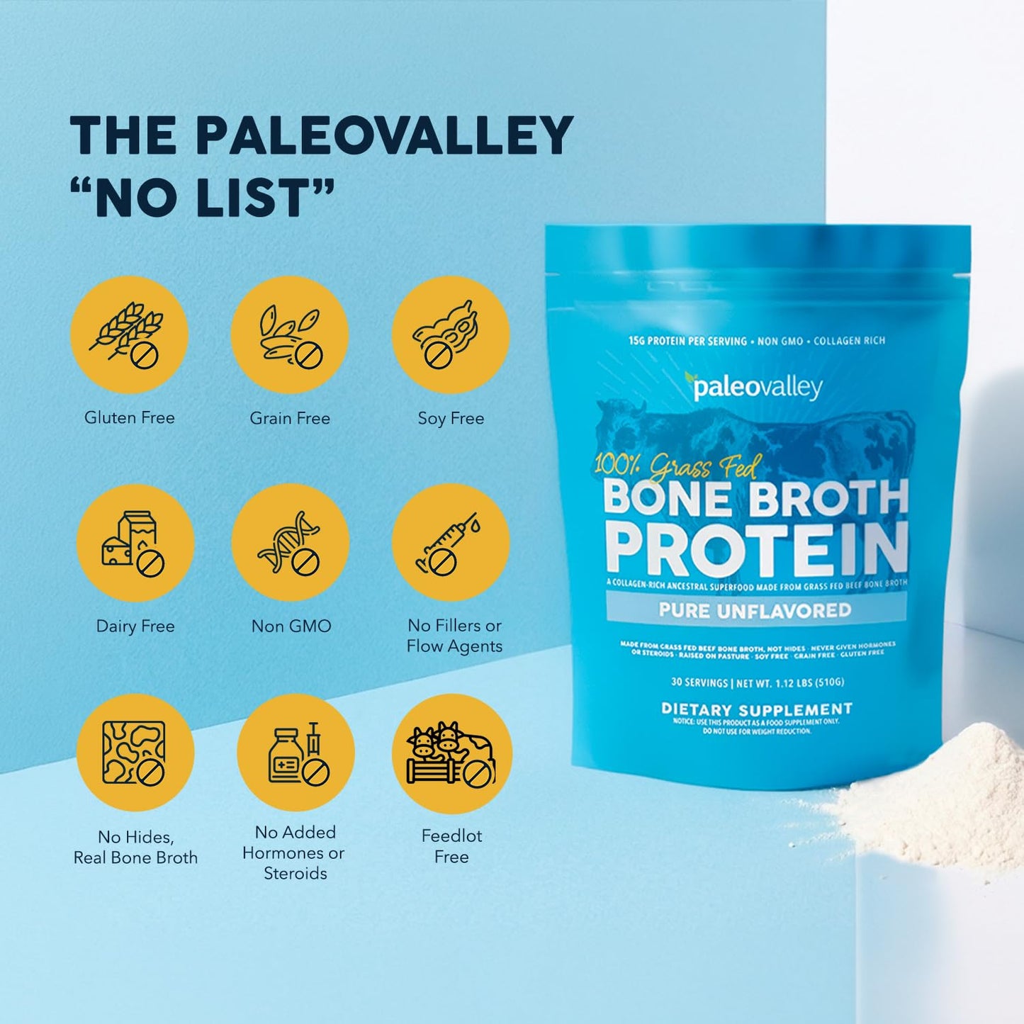 Paleovalley 100% Grass Fed Beef Bone Broth Protein Powder 16.8 oz