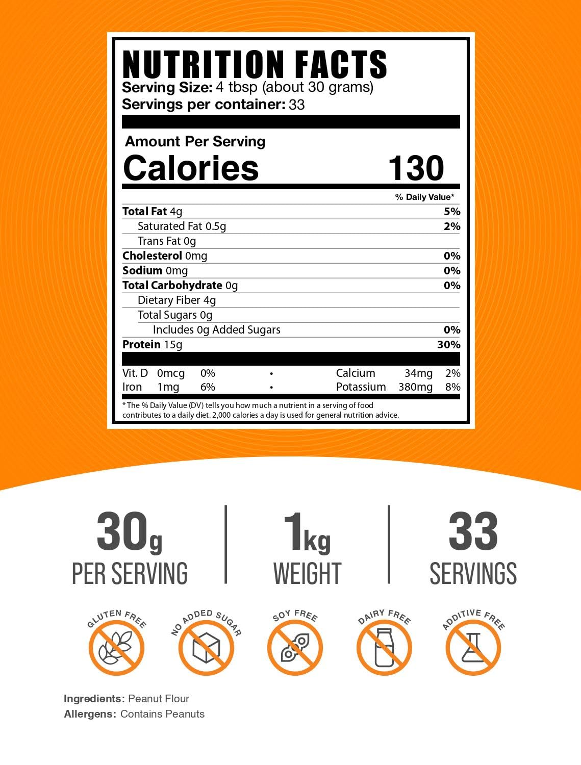 BulkSupplements Peanut Protein Powder - Peanut Protein Flour, Gluten Free, 30g per Serving, 1kg (2.2 lb)