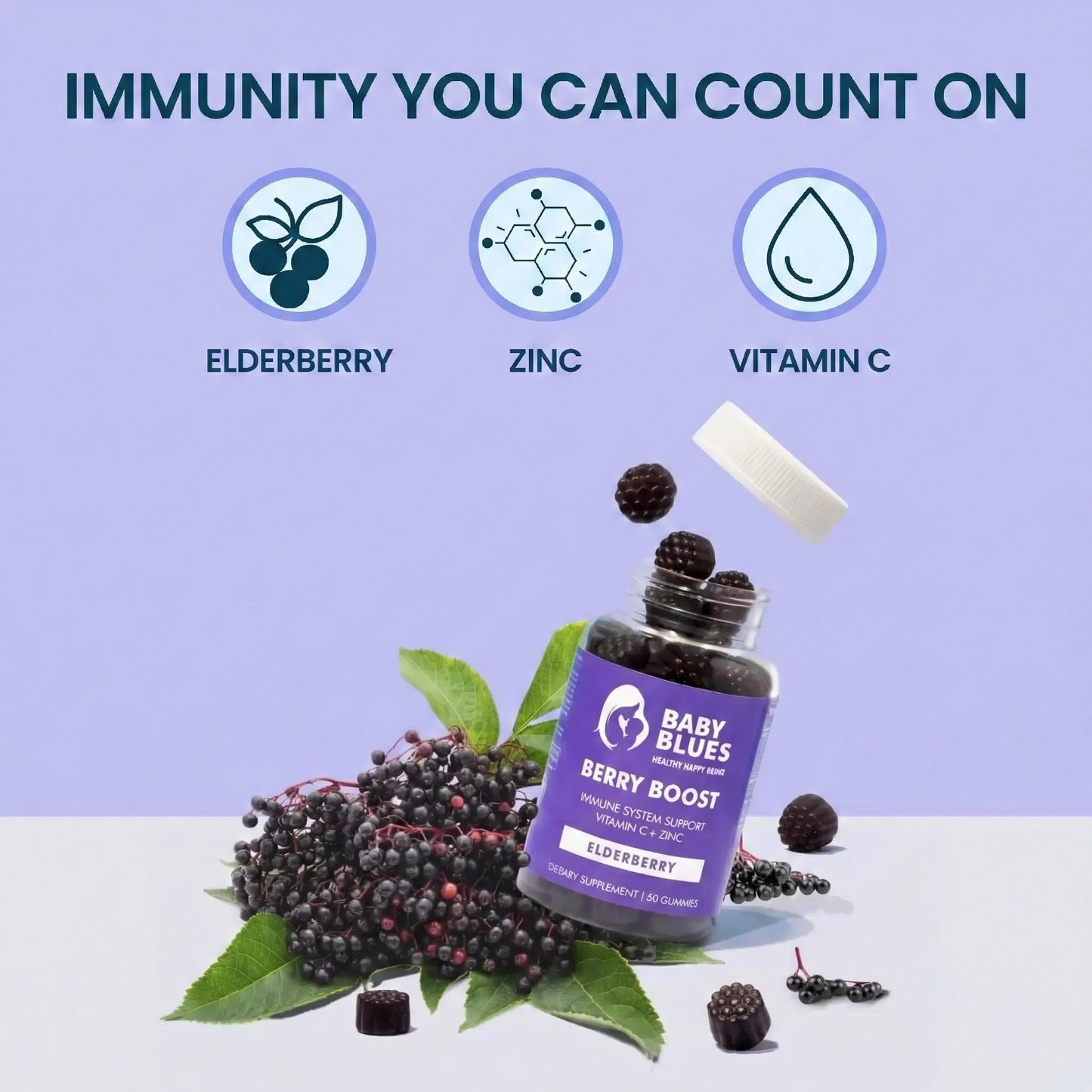 Baby Blues Berry Boost Elderberry Gummies for Women, Postnatal Immune Support with Vitamin C and Zinc, 60 Count