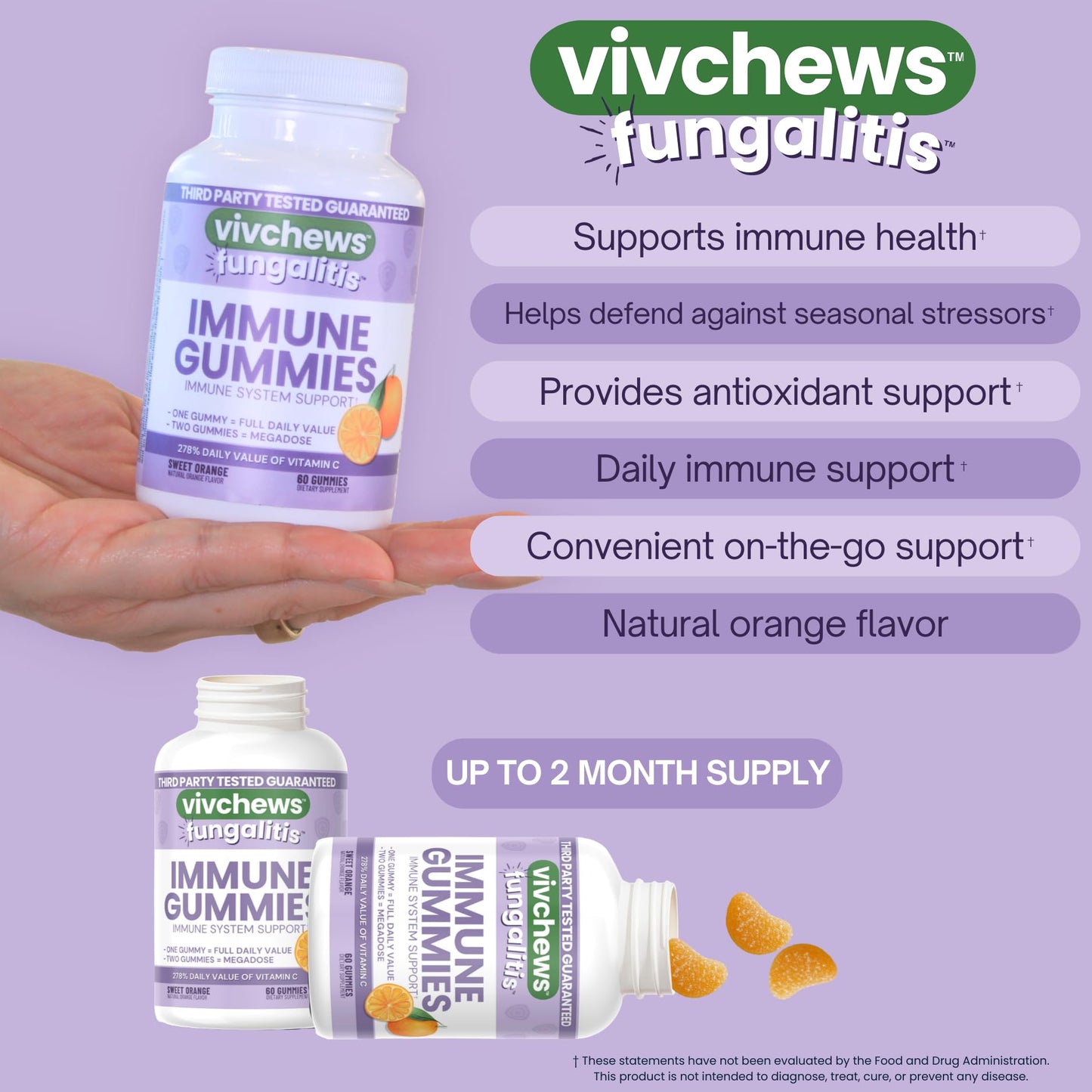 vivchews Immune Gummies Vitamin C 250mg, Non-GMO, Vegan, Natural Sweet Orange Flavor, 60 Gummies