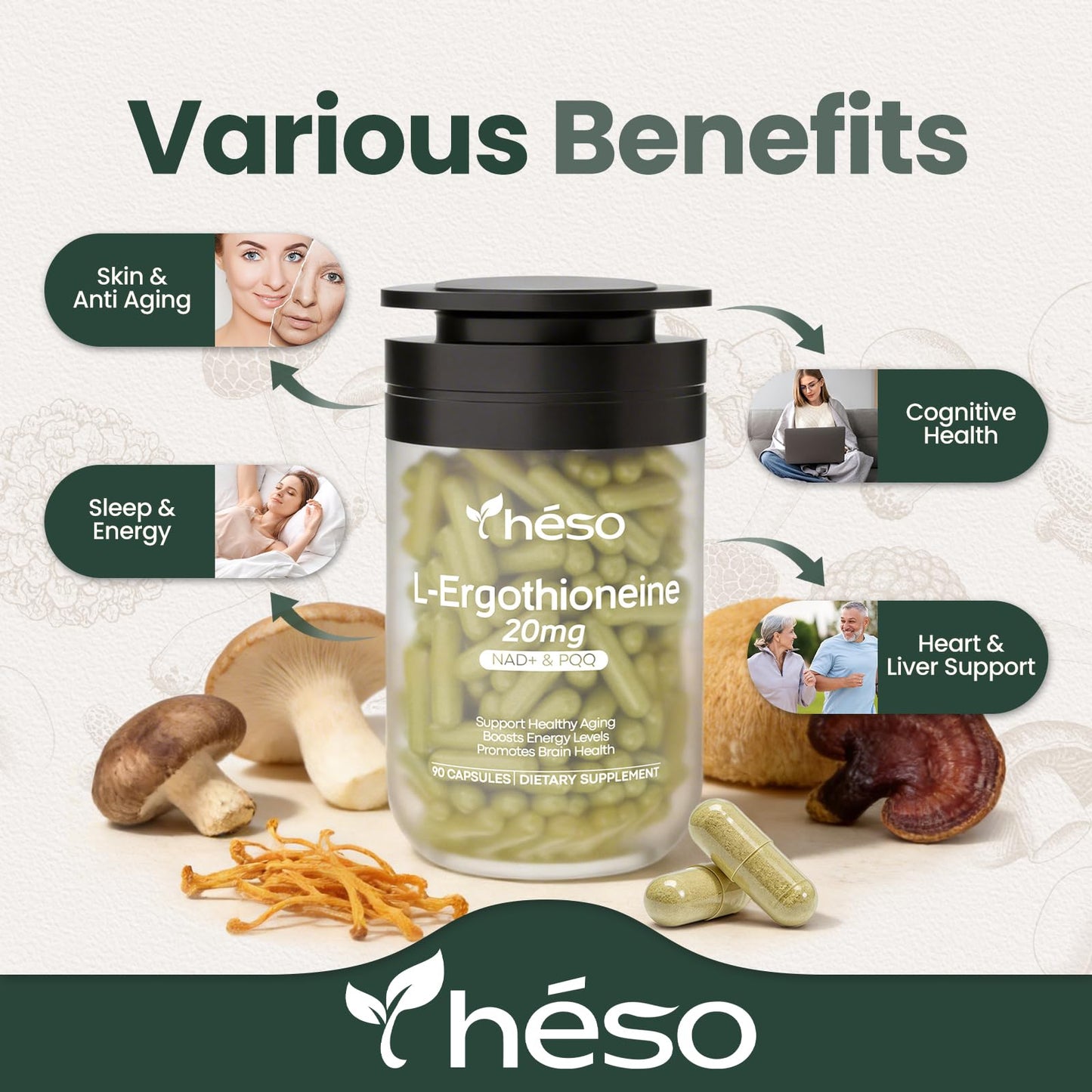 Yheso Ergothioneine Supplement 20mg High Potency Antioxidant Formula with Resveratrol, Quercetin, PQQ & Vitamin C Daily Vitality Support, 90 Capsules