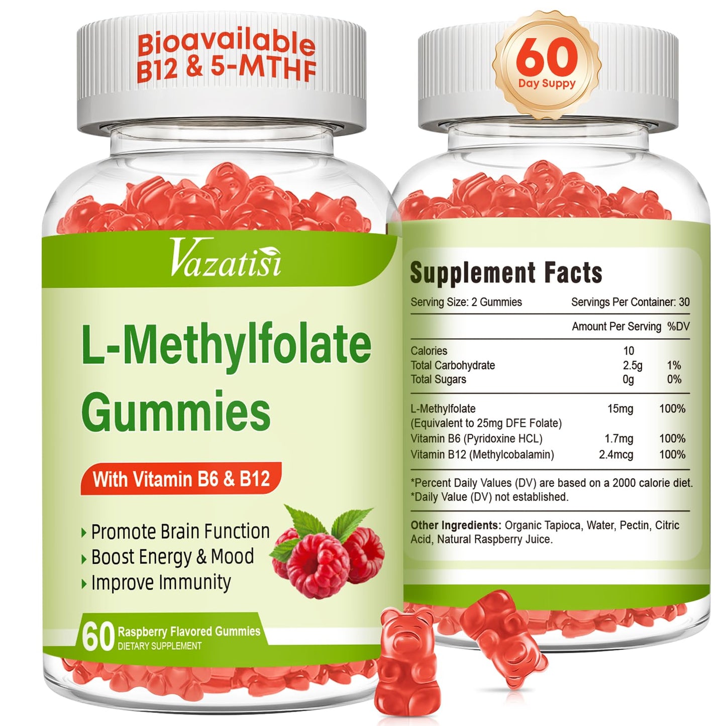 Vazatisi L-Methylfolate 15 mg Gummies with Methyl B12, Folate Supplement for Mood, Brain Health, Immune Support, Raspberry Flavor, 120 Count