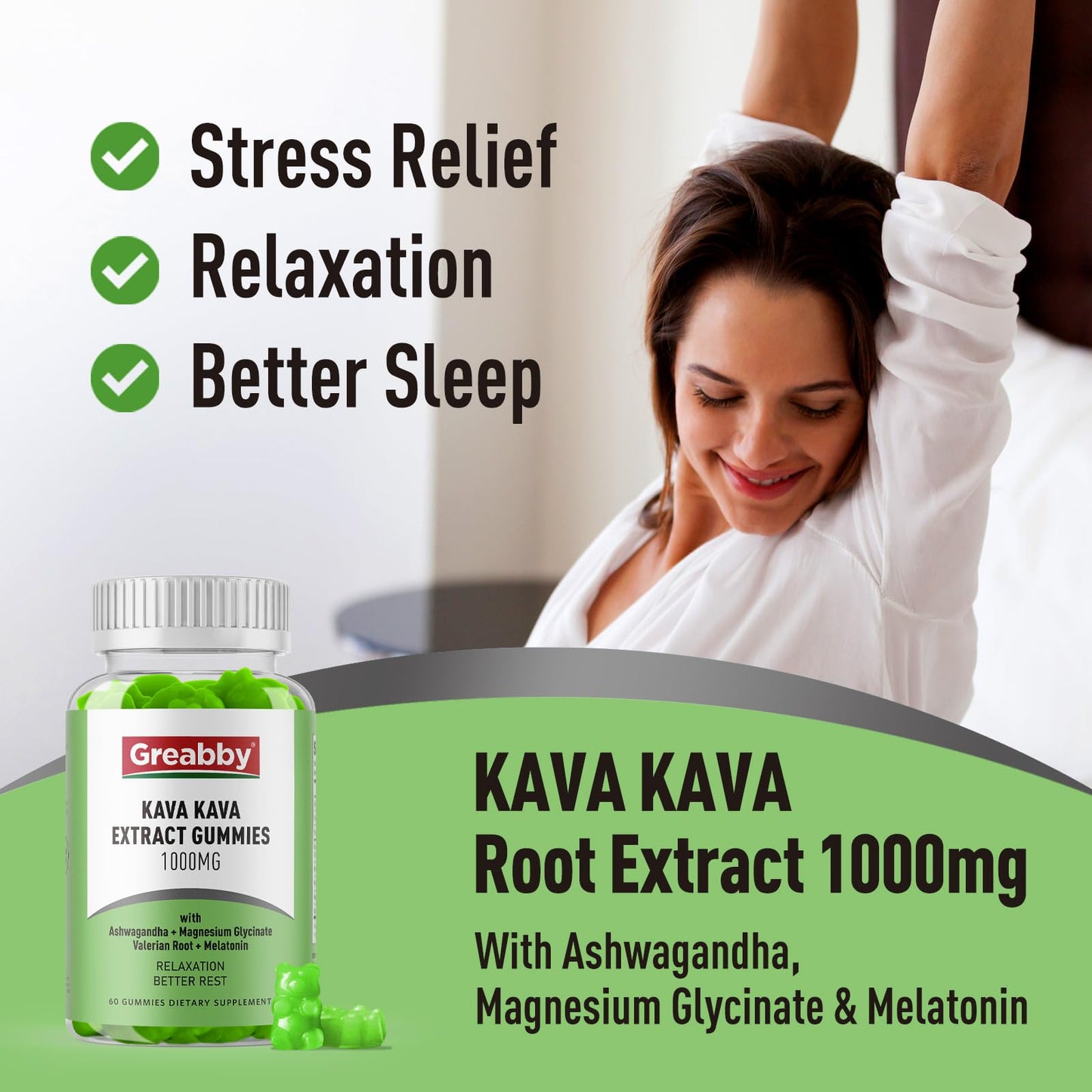 GREABBY Kava Kava Gummies 1000mg Per Serving, Sleep Support, Natural Lemon Flavor, 60 Gummies