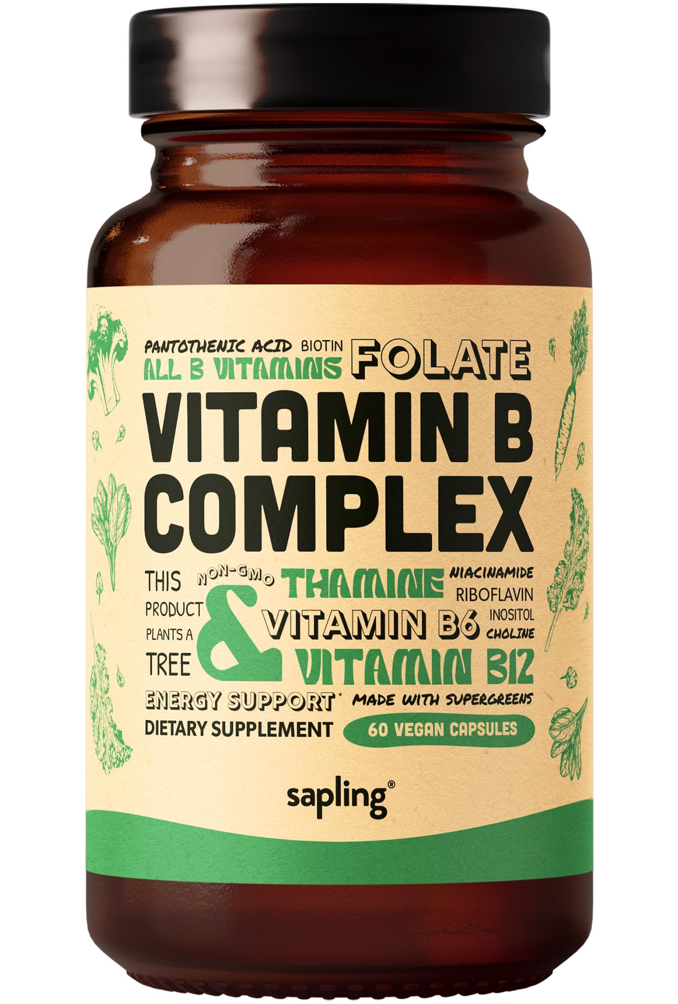 sapling Vegan Vitamin B Complex - Whole Food Blend with Essential B Vitamins B1, B2, B3, B5, B6, B7, Folate, B12 60 Capsules