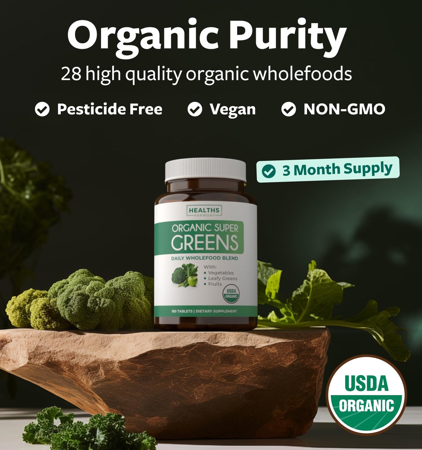 Healths Harmony USDA Organic Super Greens Supplement - Organic Greens Fruits and Vegetable Supplement for Adults with 28 Superfood Complex with Superfruits Roots Herbs & More - Vegan & Non-GMO Tablets 180