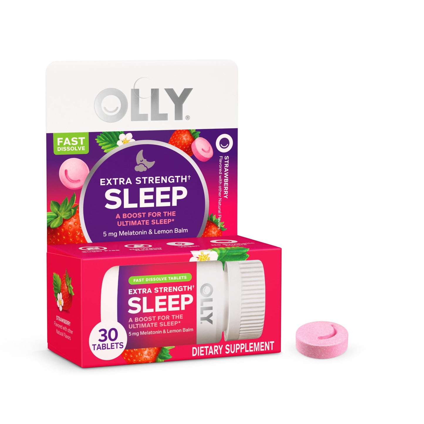 OLLY Extra Strength Sleep Fast Dissolve Tablets, 5mg Melatonin, Vegan, Strawberry, 30 Tablets