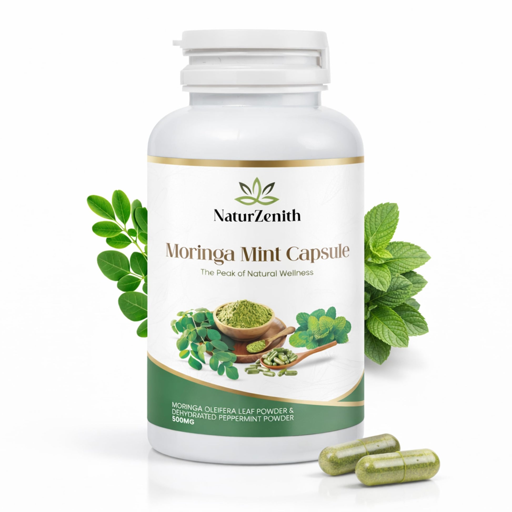NaturZenith Moringa Mint Capsules 500mg – Moringa Oleifera Leaf Powder with Peppermint – Daily Herbal Supplement for Fresh Routine & Plant-Based Wellness – 60 Capsules