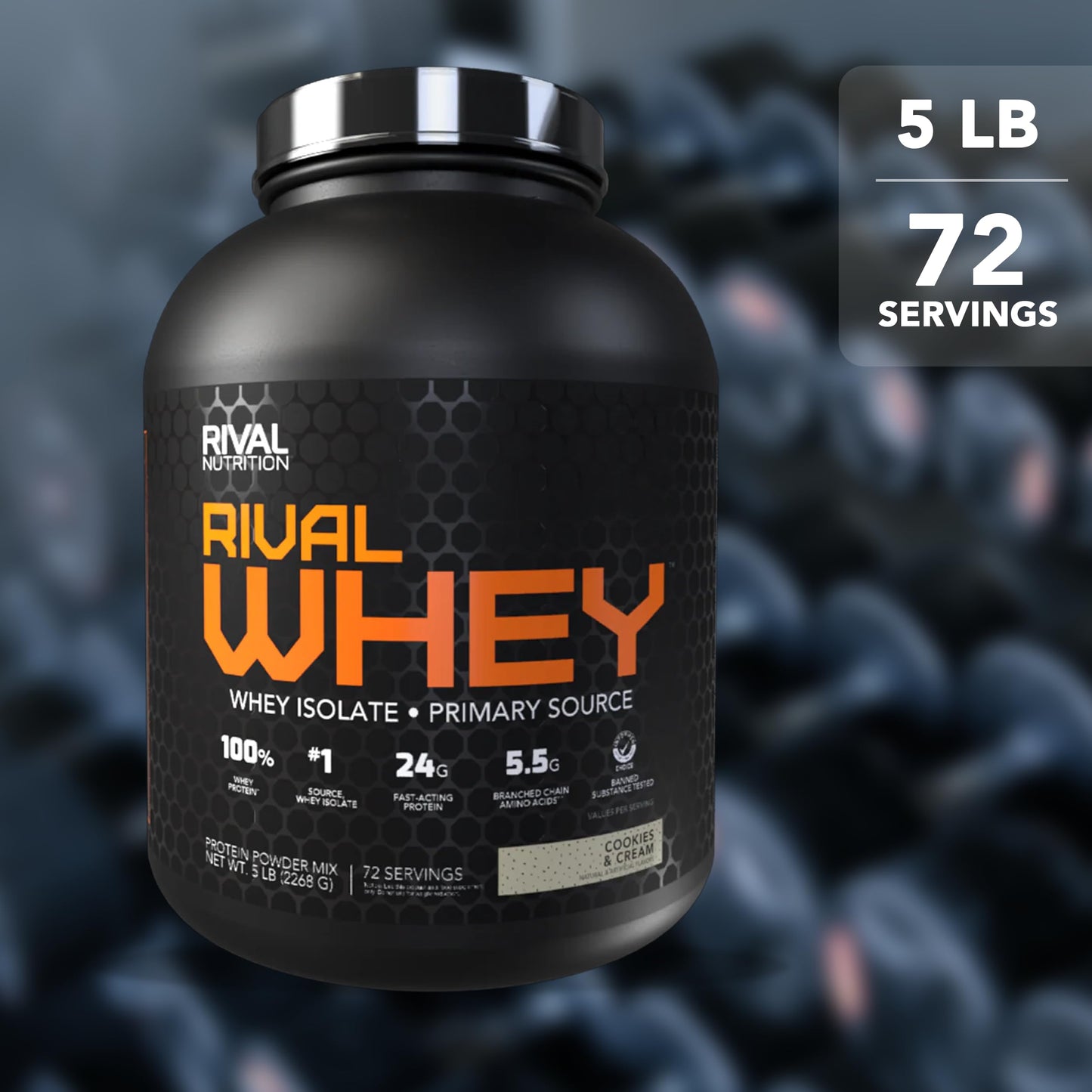 RIVAL NUTRITION Rival Whey Protein Powder, Cookies & Cream, 5 lb, 80 Servings