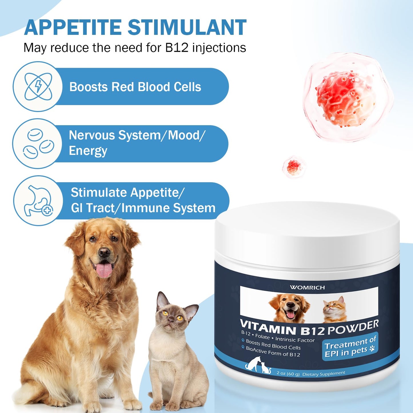 WOMRICH Appetite Stimulant Vitamin for Cats & Dogs B12 Powder, 60 Count
