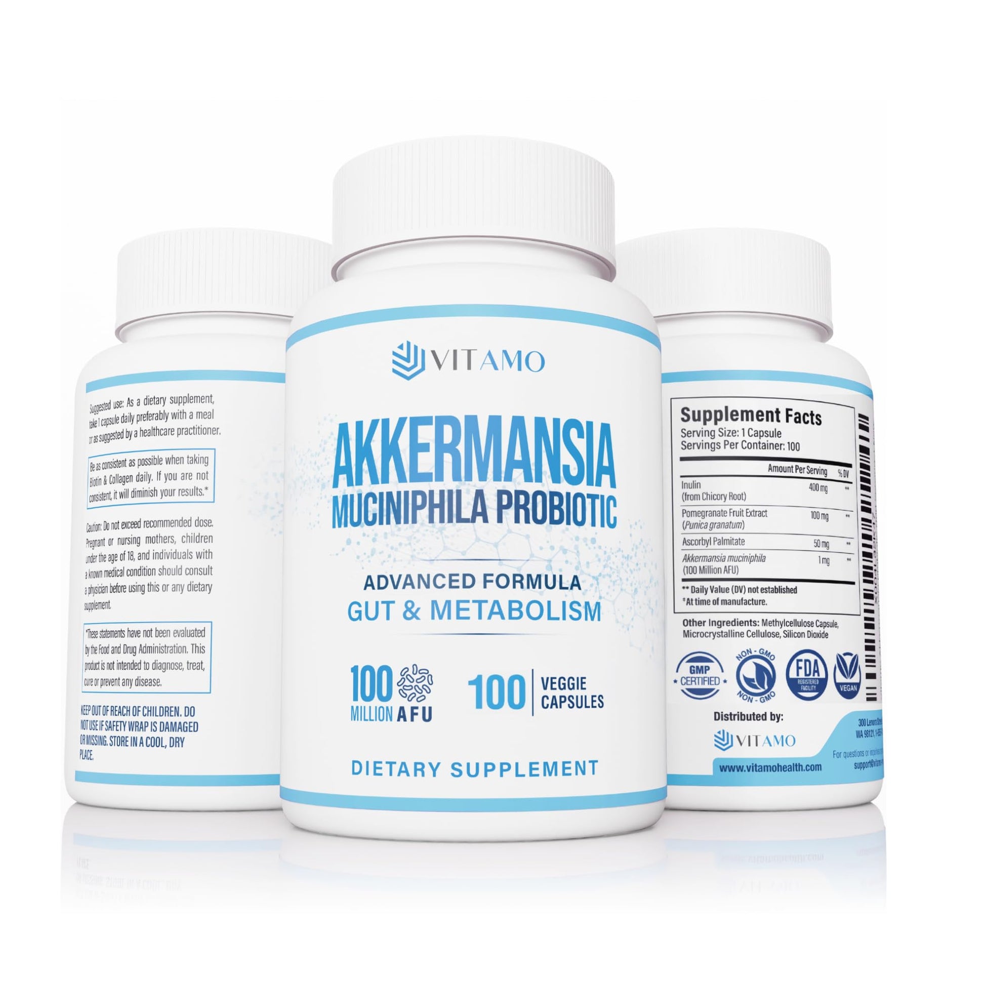 Vitamo Akkermansia Muciniphila Probiotic Supplement - 100 Million AFU, Metabolic & Digestive Health, Made in USA, 100 Capsules