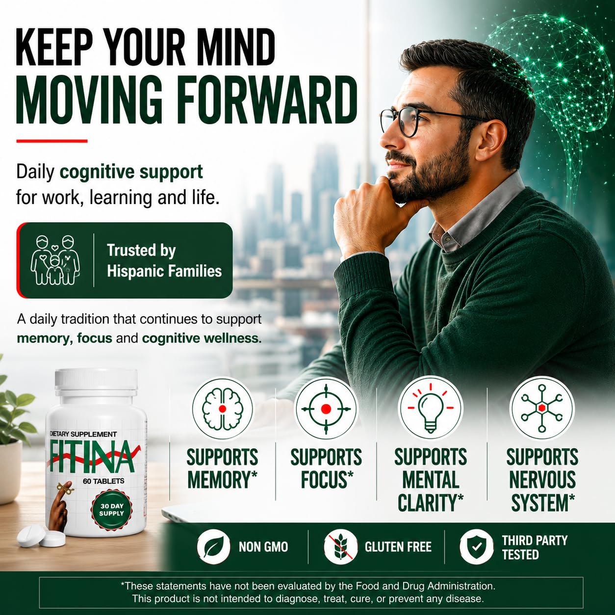 Fitina Brain Supplements for Memory and Focus with Vitamin B6 & Thiamine, Tablets, 600 Count