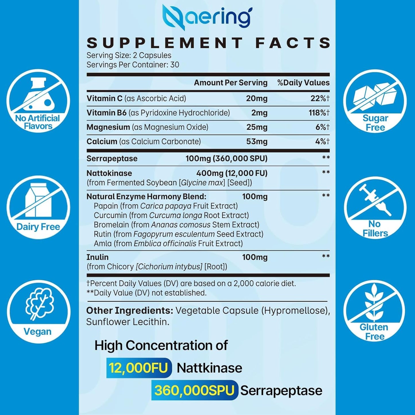 Naering Liposomal Nattokinase 12,000 FU Serrapeptase 360,000 SPU Enzyme Supplement - Enriched with Synergistic Enzymes and Nutrient Blend & Inulin for Circulatory, Gut, Digestion 60 Capsules