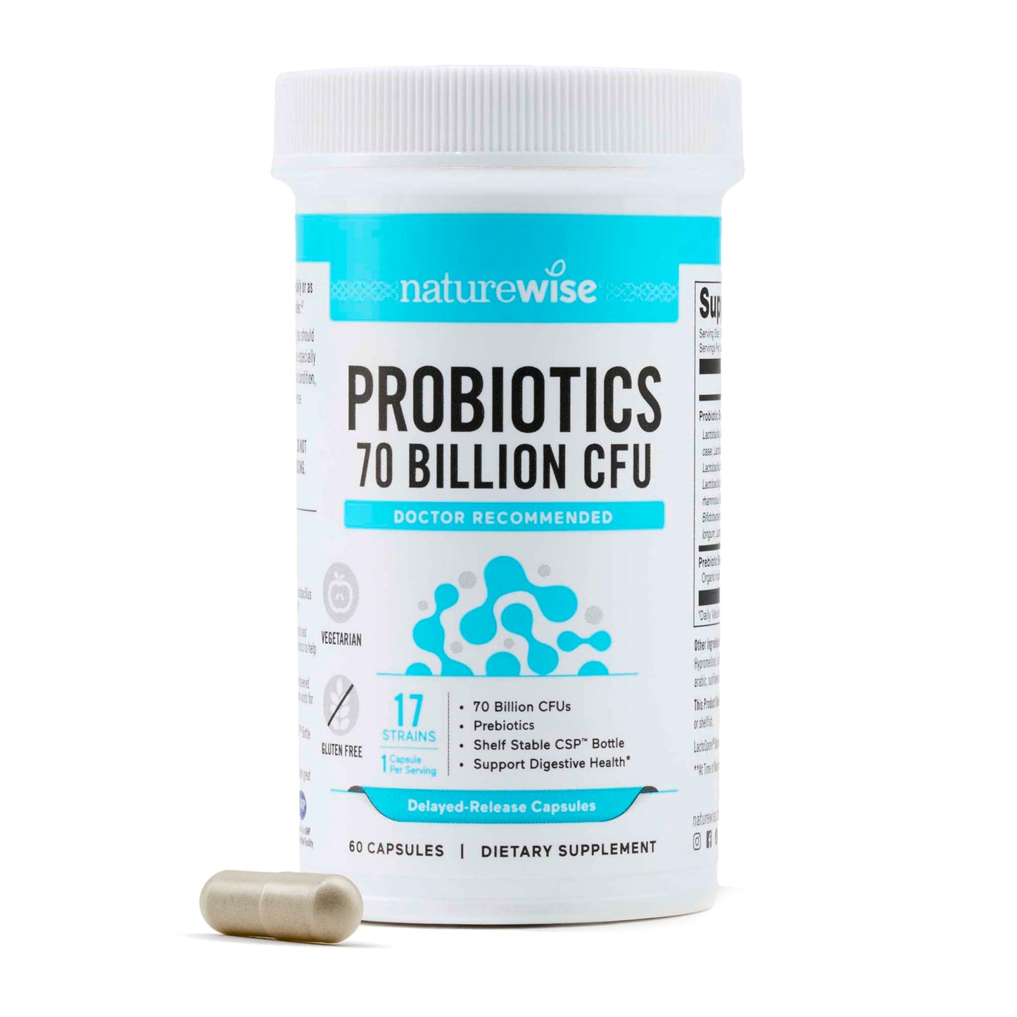 NatureWise Probiotics 70 Billion CFU - 17 Strains + Organic Prebiotics Capsules, 60 Count