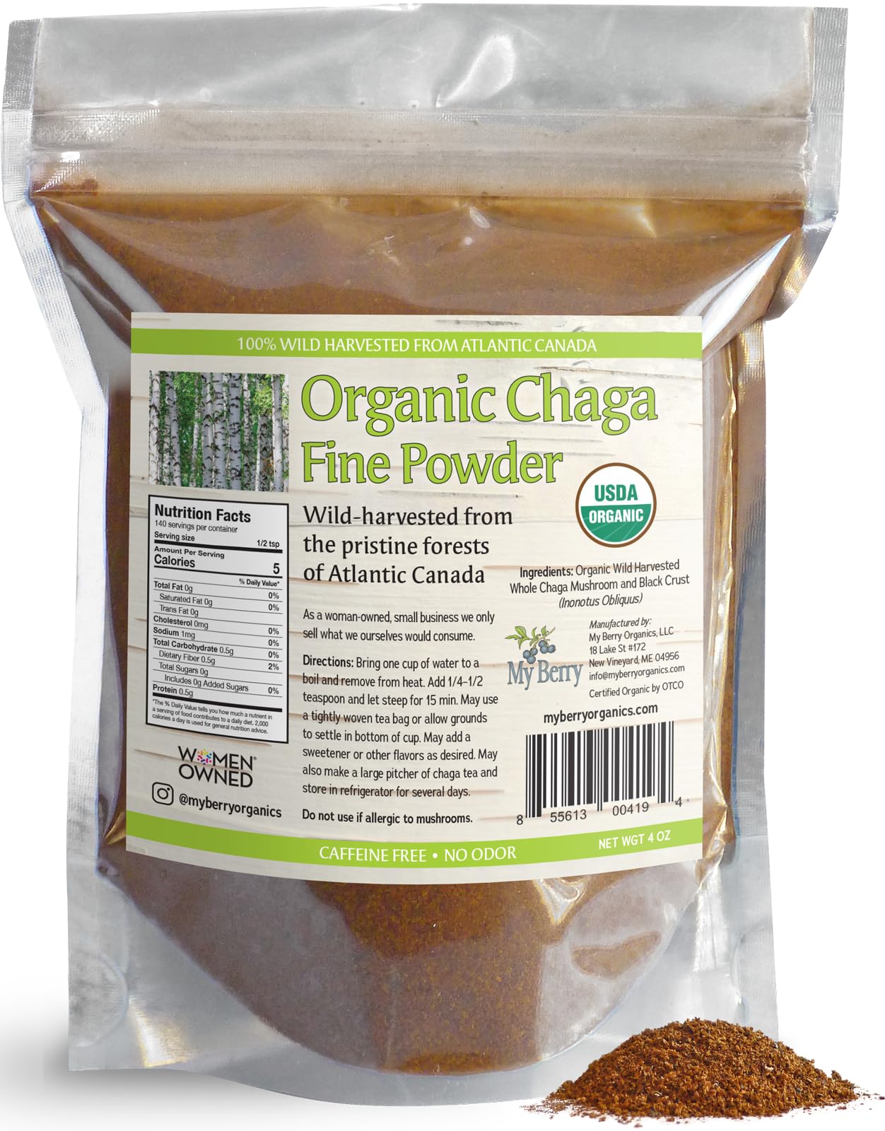 My Berry Organic Chaga Tea Fine Mushroom Powder, 4 oz
