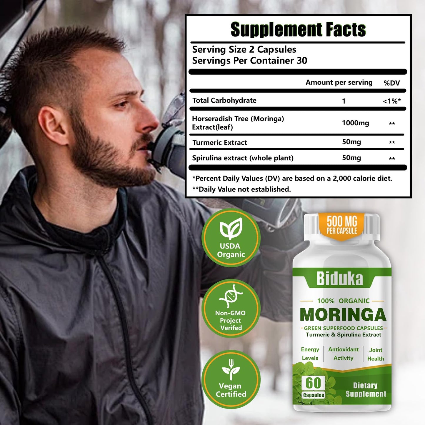 Biduka Organic Moringa Capsules 1000mg Capsule, 60 Count