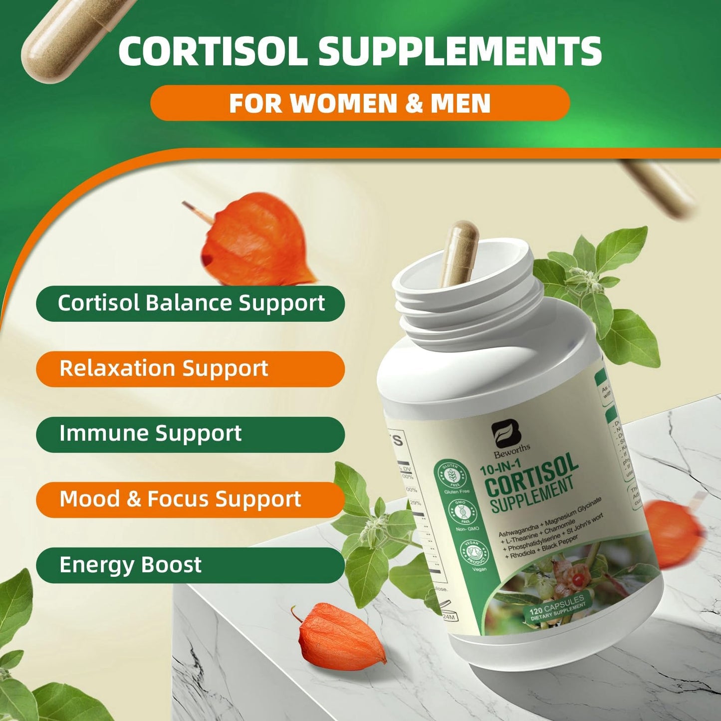 B BEWORTHS Cortisol Supplements for Women Men, 10-in-1 Cortisol Detox with Ashwagandha, Magnesium, L-Theanine, Balanced Cortisol Levels, Night & Calm Support 120 Capsules