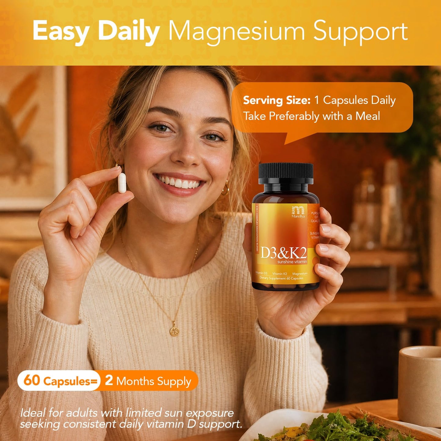 Marellya Vitamin D3 K2 Supplement with Magnesium Glycinate – 3-in-1 High Absorption Formula 4000 IU D3 & 100mcg K2 (MK-7) – Supports Bone, Heart & Immune Health – 60 Capsules