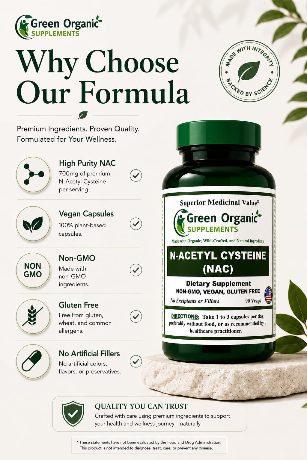 Green Organic Supplements N-Acetyl Cysteine (NAC) Capsules 270