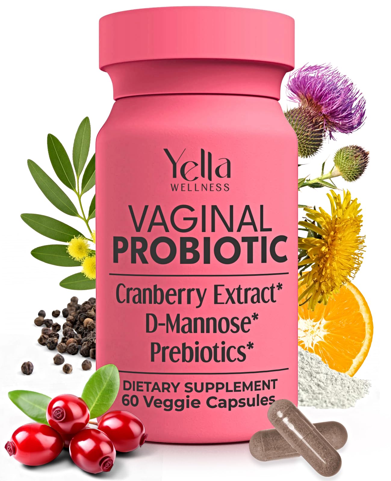 YELLA WELLNESS Vaginal Probiotics & Prebiotics for Women with Cranberry Extract Capsules, 60 Count