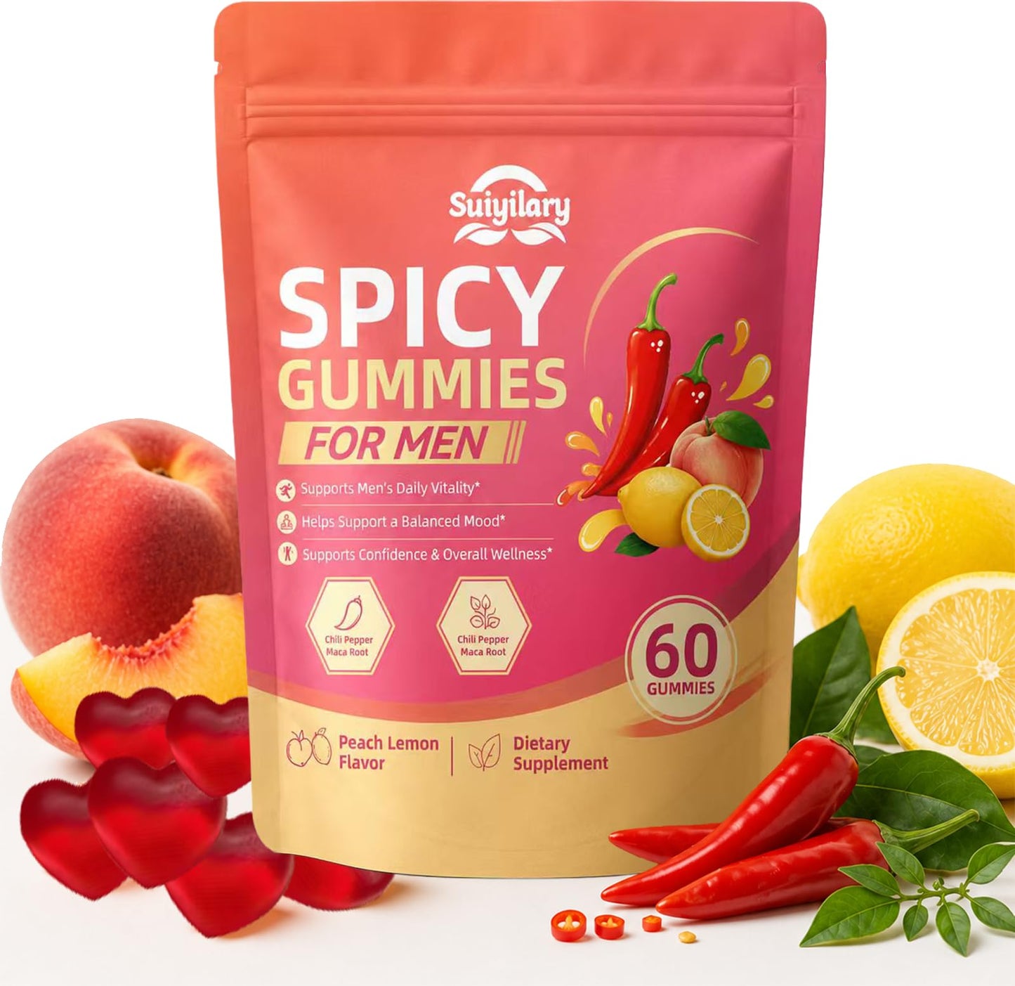 Suiyilary Spicy Gummies Cubes for Couples, Adults Hot Peach Flavor, Gummy, 60 Count