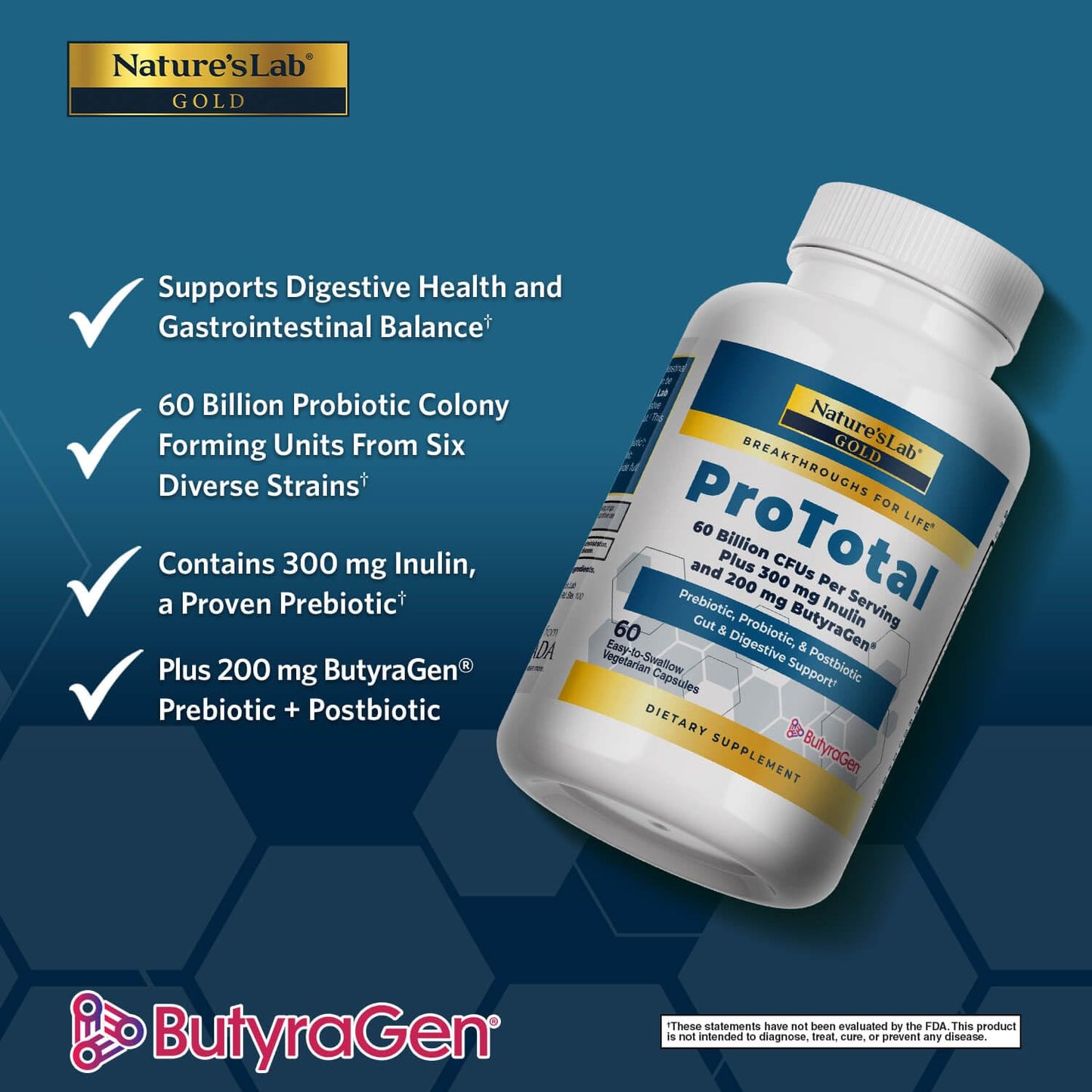 Nature's Lab Gold ProTotal 60 Billion CFU Probiotic, Prebiotic, Postbiotic, Synbiotic with Butyragen (Direct Butyrate Generator) 60 Capsules