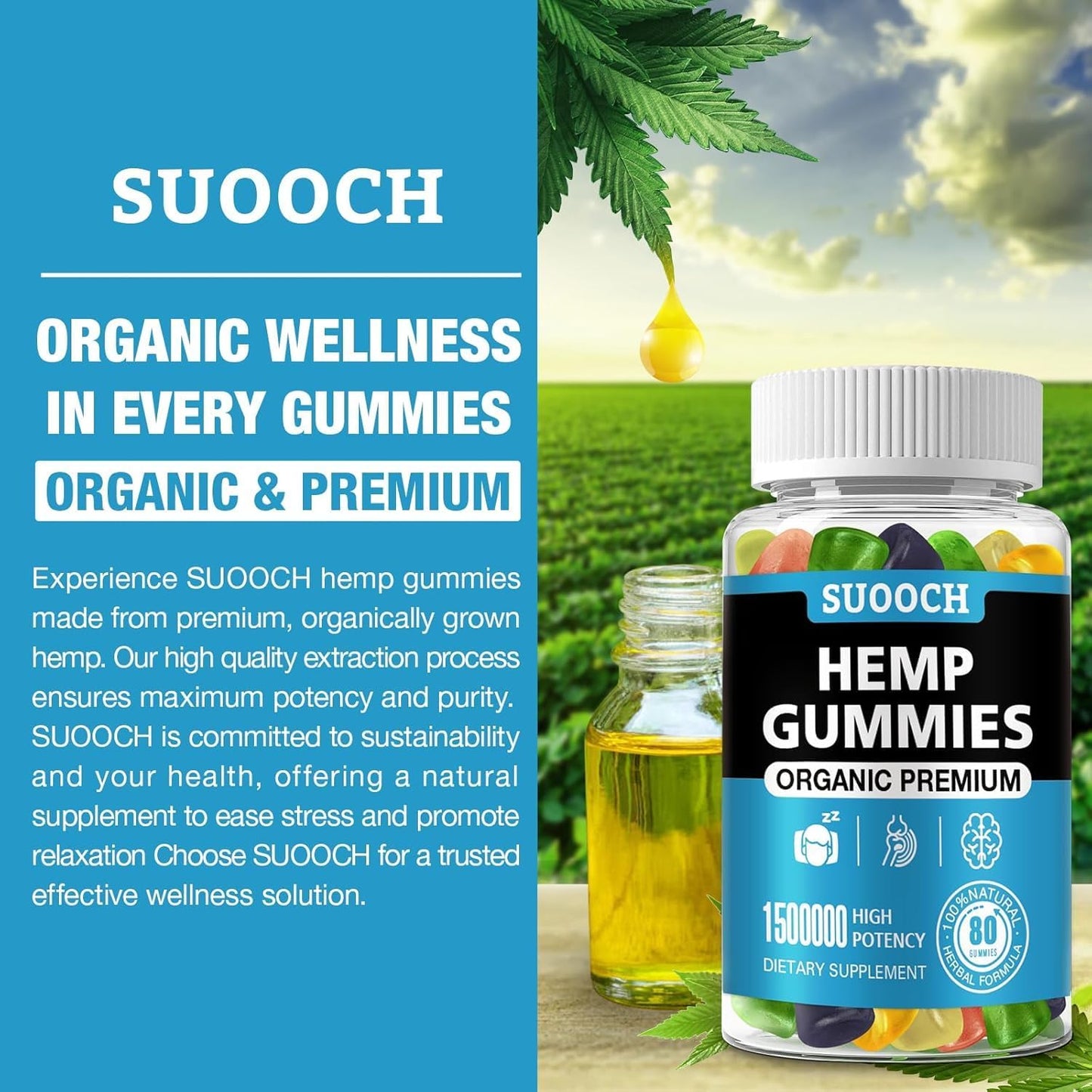 SUOOCH Hemp Gummies for Sleep, Anxiety, Pain & Inflammation Relief Edible with Omega & Vitamin Premium Fruity Flavors, Natural Candy High Potency 160 Count Gummies