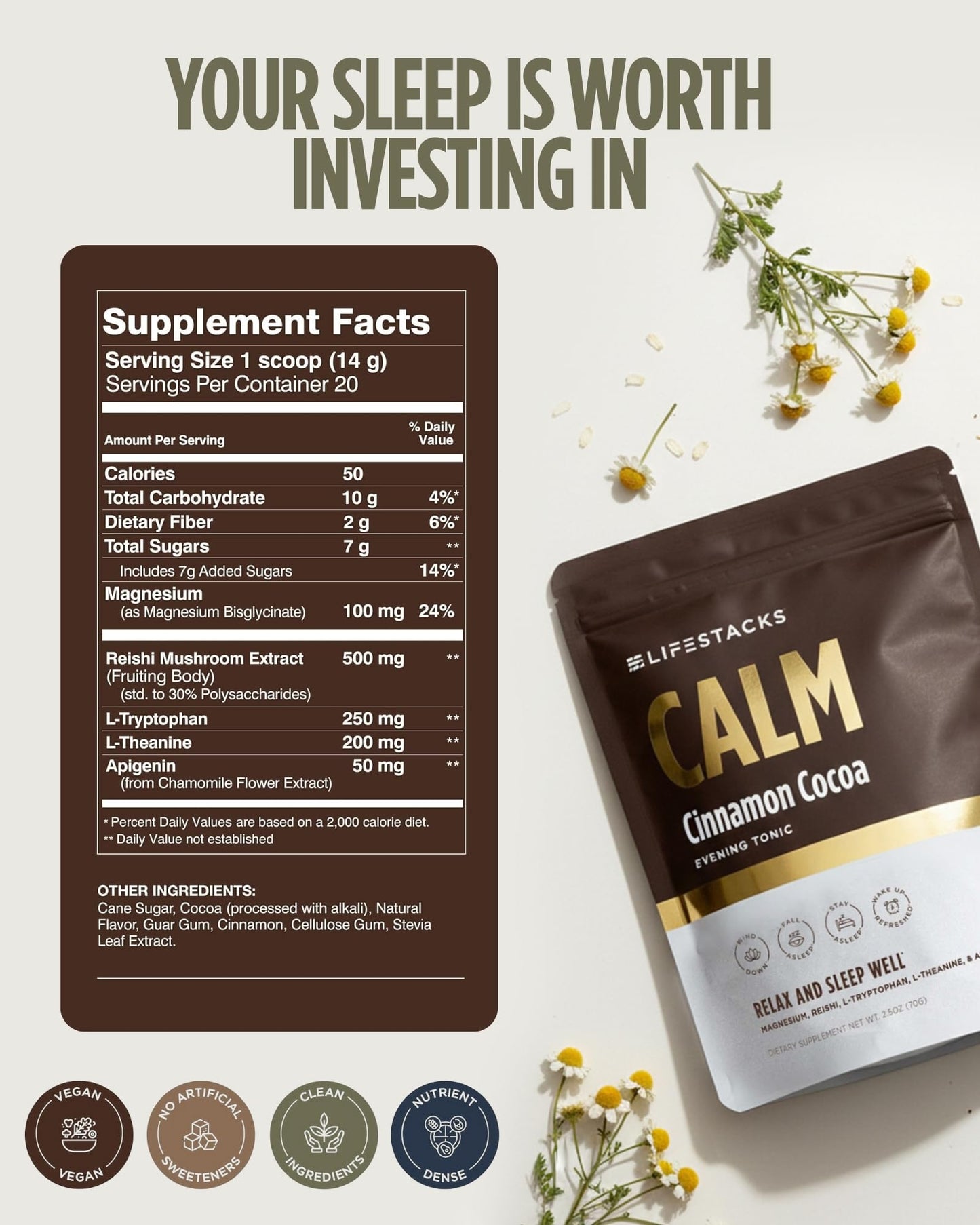LIFESTACKS Calm Magnesium Hot Cocoa Sleep Aid Powder 9.9 Ounce