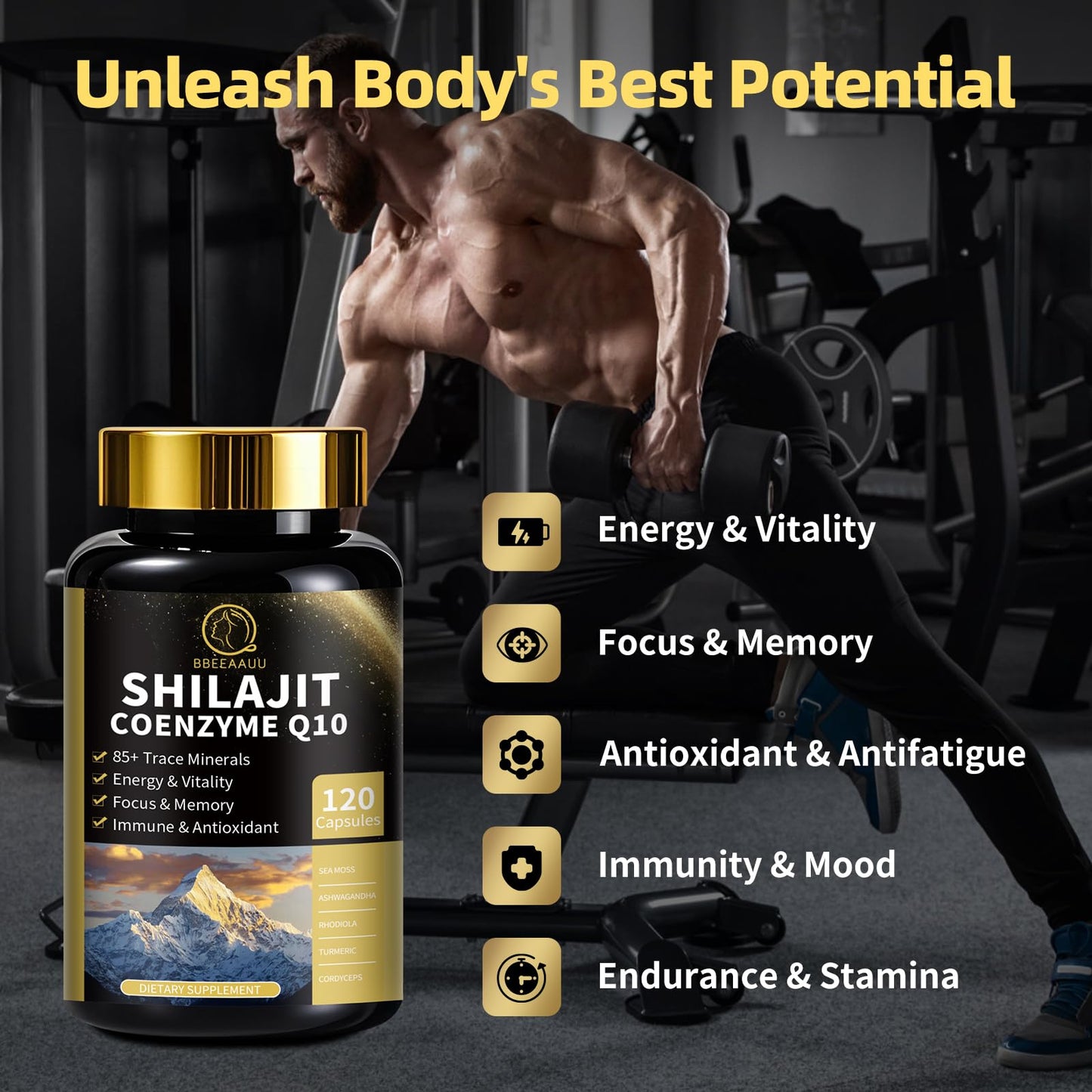 BBEEAAUU Shilajit Capsules with Sea Moss & Ashwagandha for Men & Women, 12 in 1 Himalayan Shilajit Supplements with Coenzyme Q10, Fulvic Acid & Humic Acid, Lion's Mane, Energy & Immune, Capsules, 240 Count
