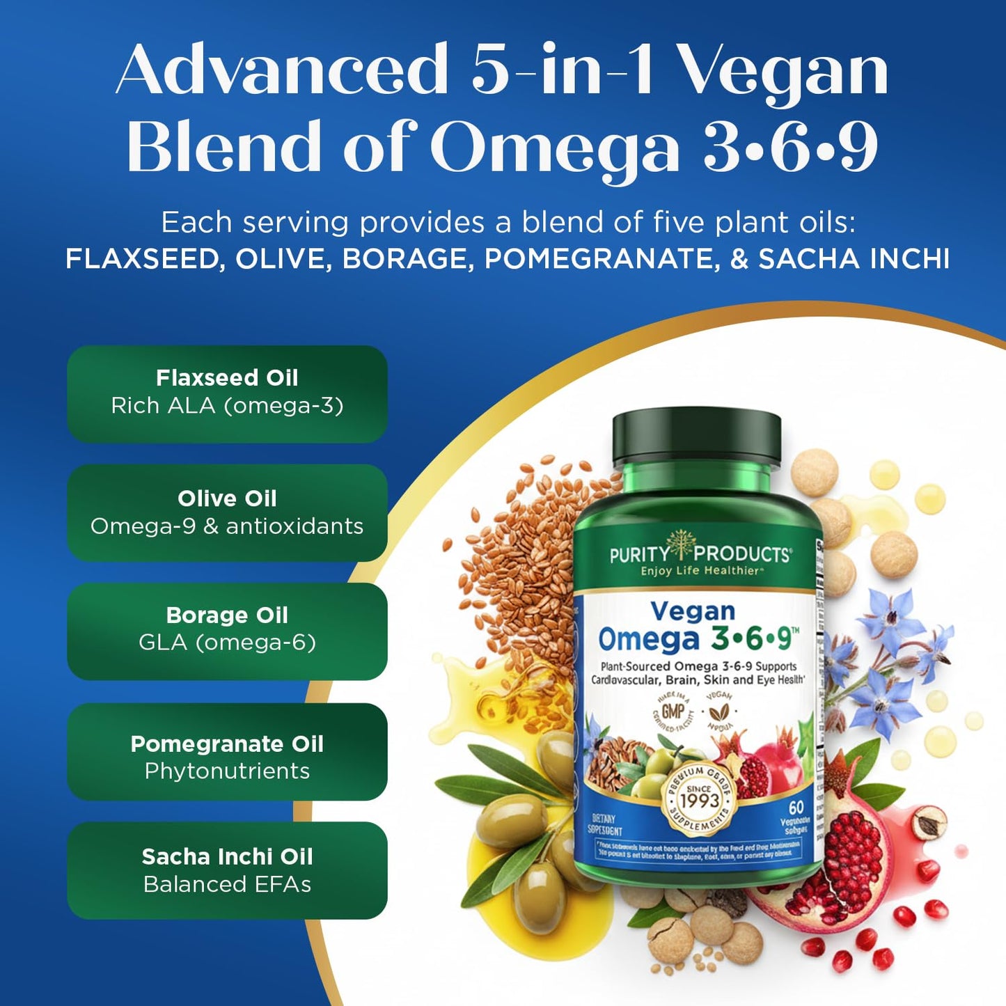 Purity Products Omega 3-6-9 Vegan and Vegetarian Formula - 5 in 1 Essential Fatty Acid Complex - Plant-Based Omega 3 6 9, Softgels, 60 Count