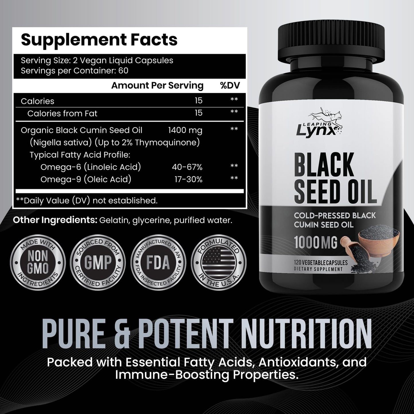 Leaping Lynx Black Seed Oil 1000mg Capsules 120 Count